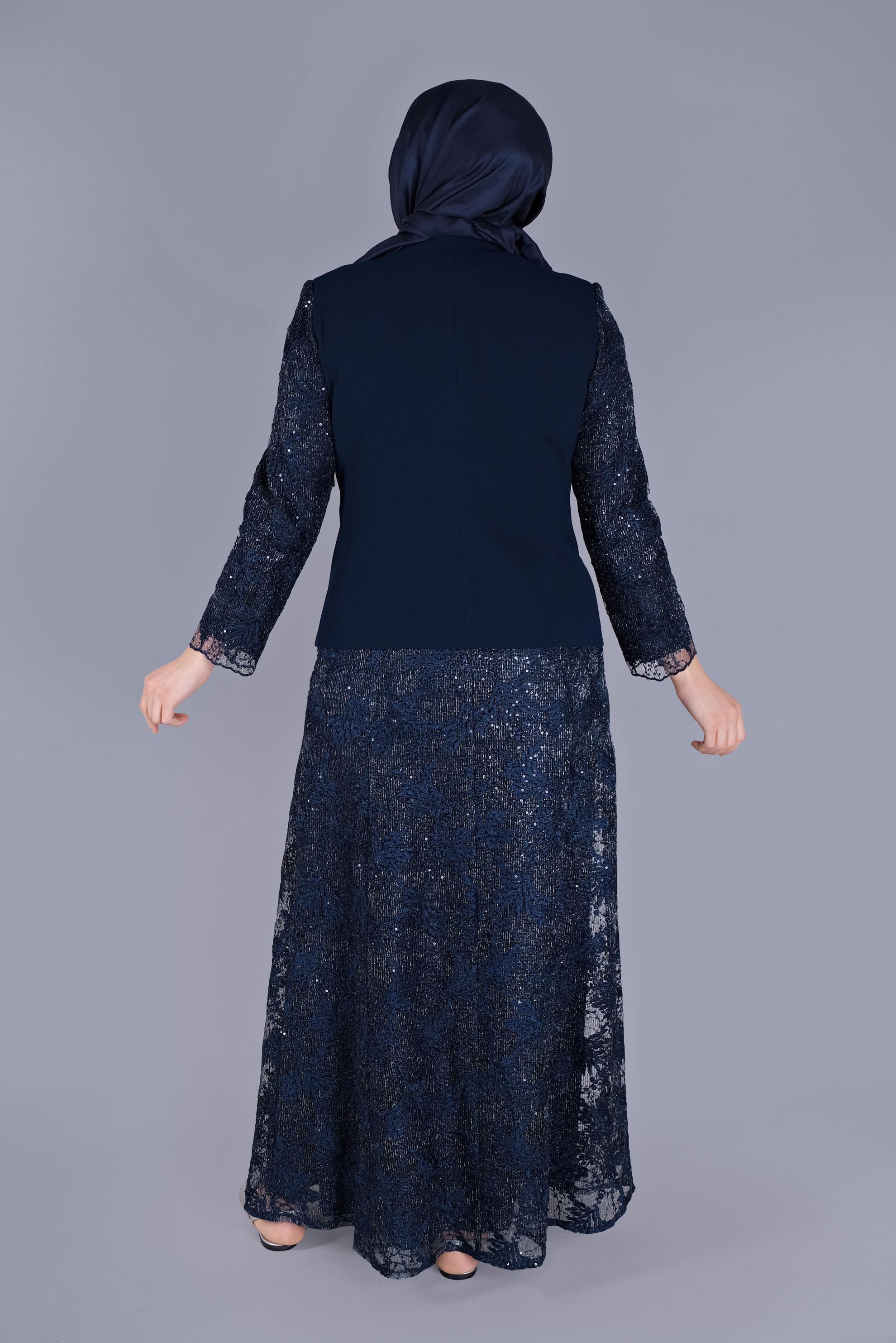 Tesettür giyim LACİVERT TÜLLÜ PUL NAKIŞLI İKİLİ ELBİSELİ TAKIM 30110 