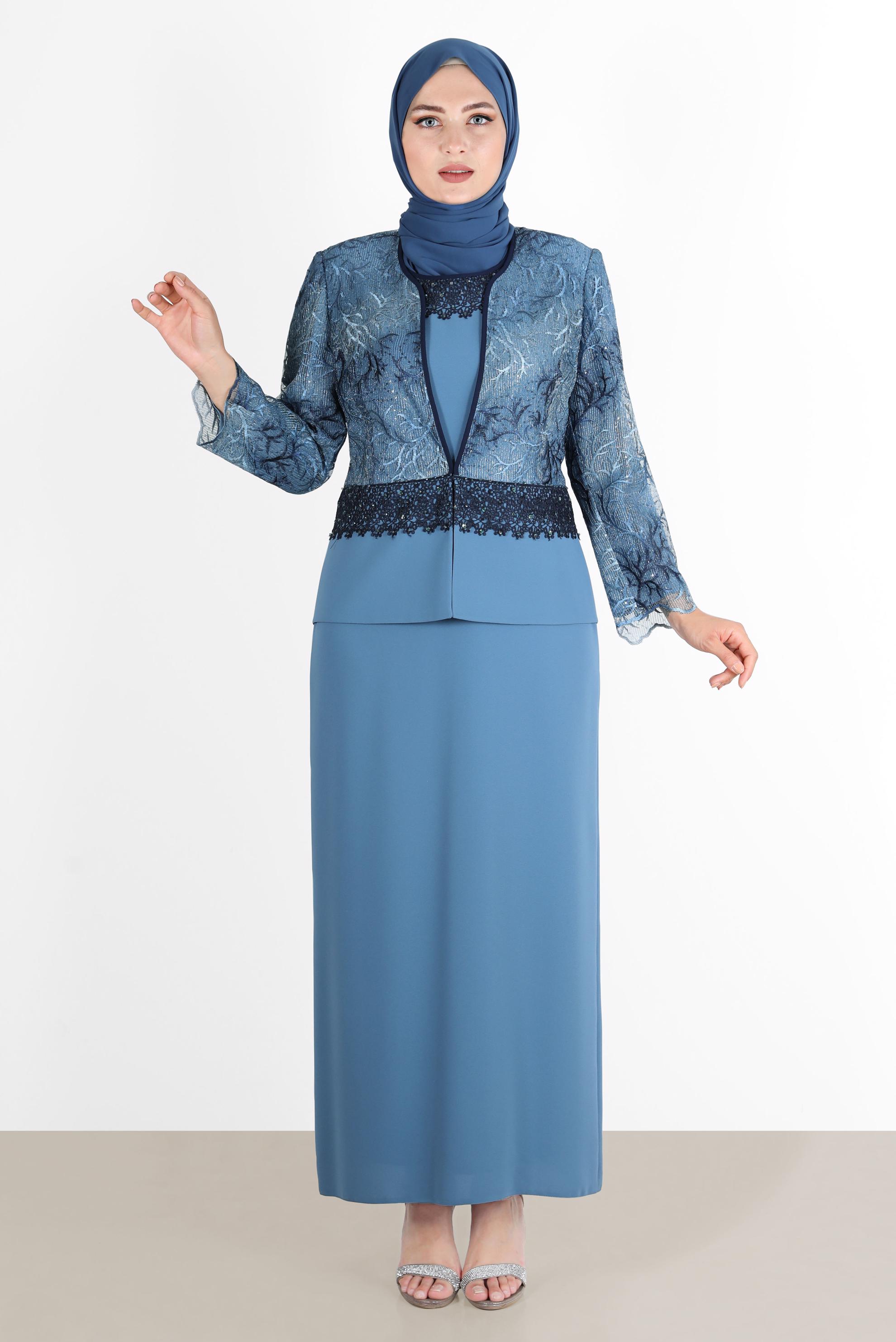 Tesettür giyim LACİVERT OMUZLARI VATKALI İŞLEMELİ İKİLİ ELBİSE TAKIMI 30115