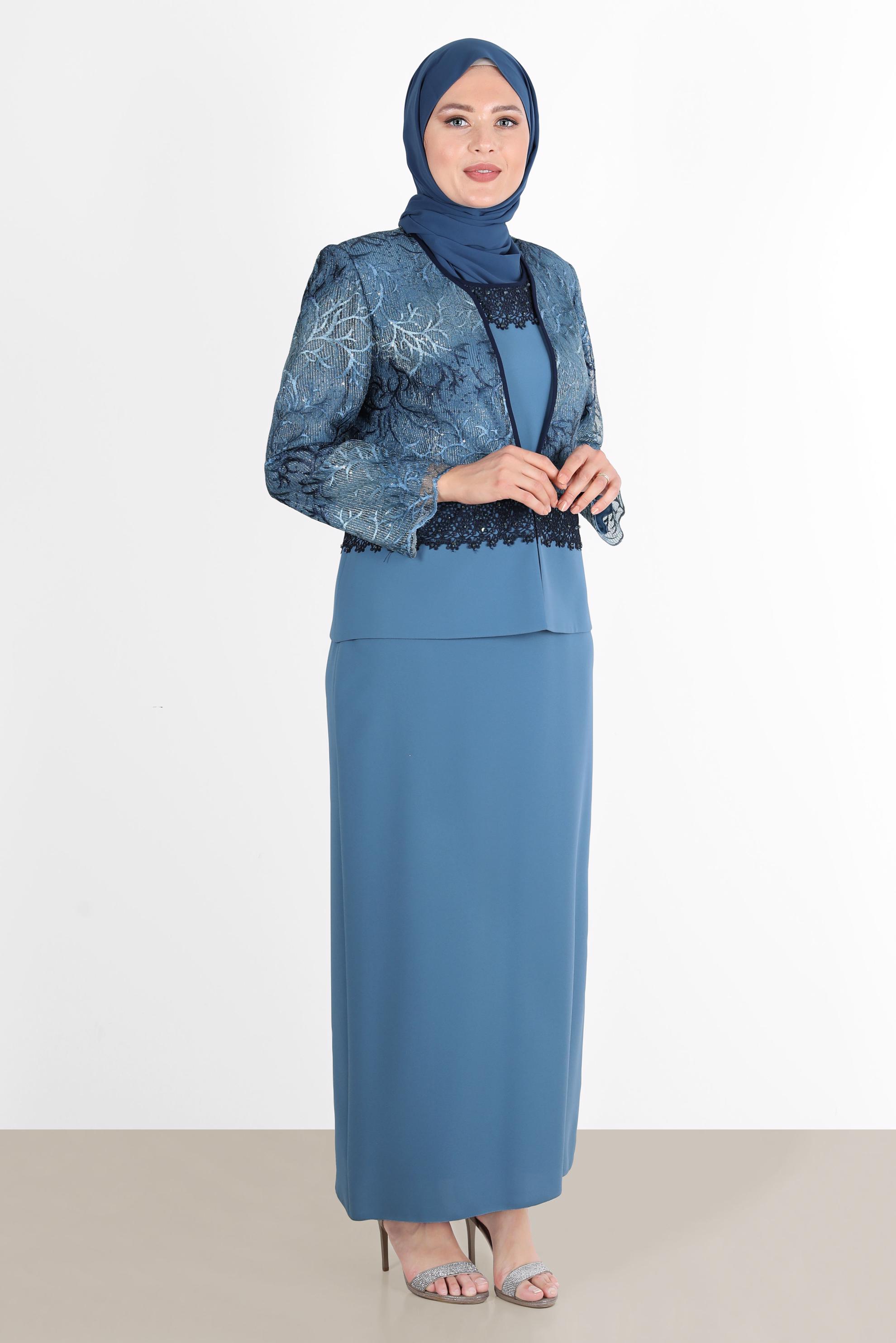 Tesettür giyim LACİVERT OMUZLARI VATKALI İŞLEMELİ İKİLİ ELBİSE TAKIMI 30115