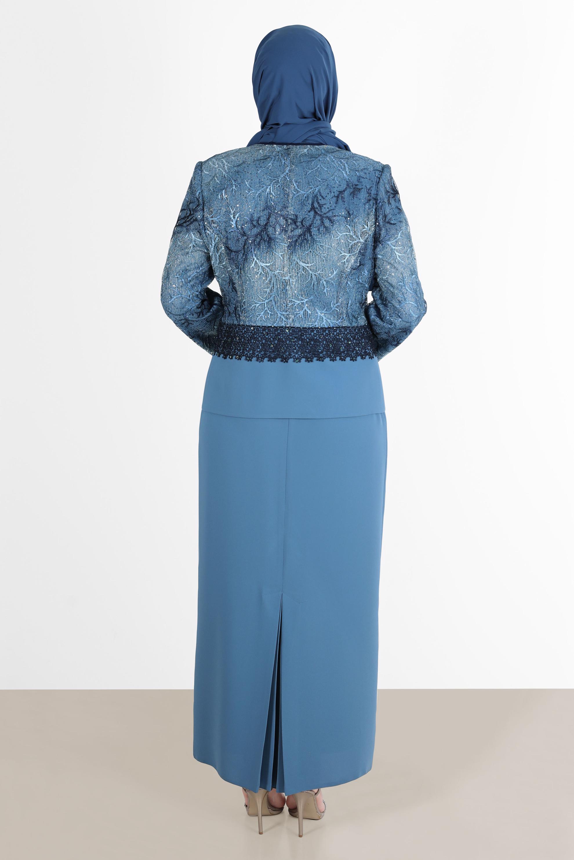 Tesettür giyim LACİVERT OMUZLARI VATKALI İŞLEMELİ İKİLİ ELBİSE TAKIMI 30115