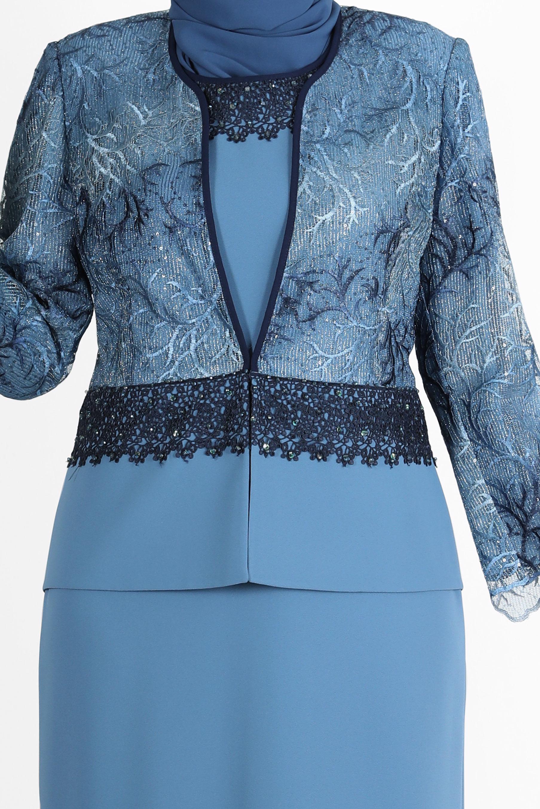 Tesettür giyim LACİVERT OMUZLARI VATKALI İŞLEMELİ İKİLİ ELBİSE TAKIMI 30115