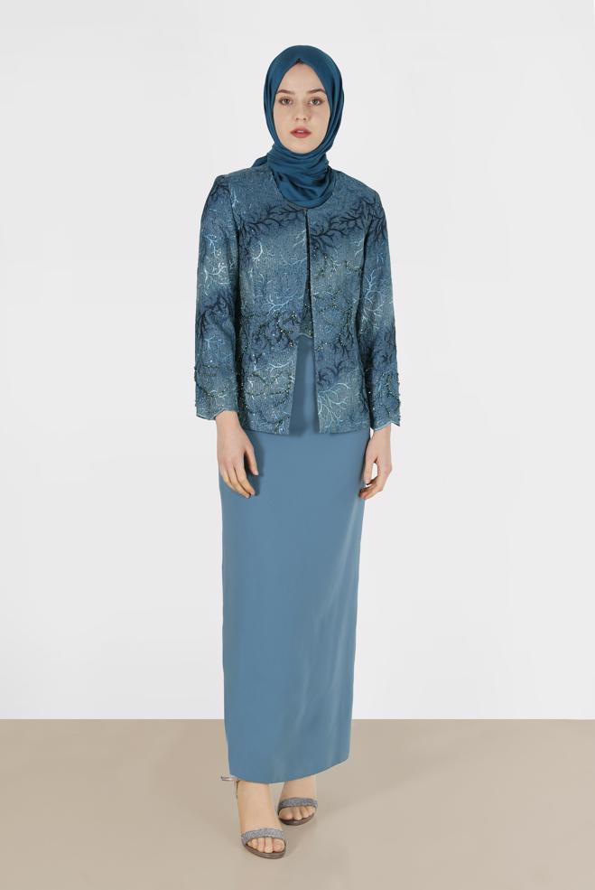 Hijab clothing NAVY BLUE BEADED 2-PIECE DRESS SUIT 30118  - ALVİNA