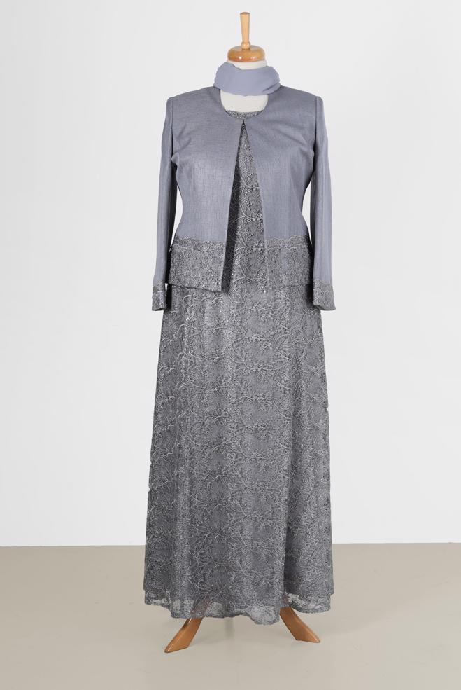 Vêtements hijab GRIS COSTUME HABILLÉ 2 PIÈCES DÉTAIL GUIPURE 30154 - ALVİNA