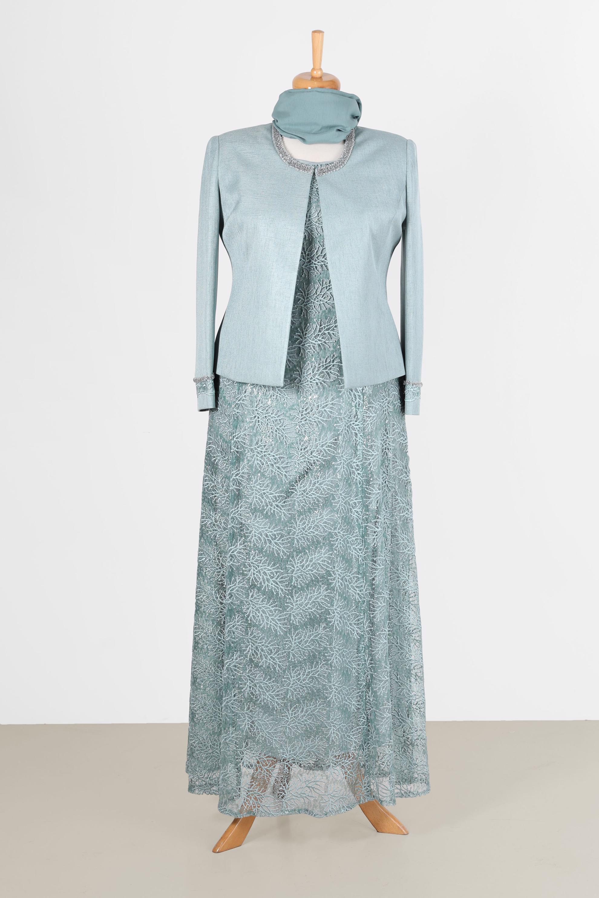 Hijab clothing GREEN PATTERNED GUIPURE DETAIL 2-PIECE DRESSED SUIT 30157 