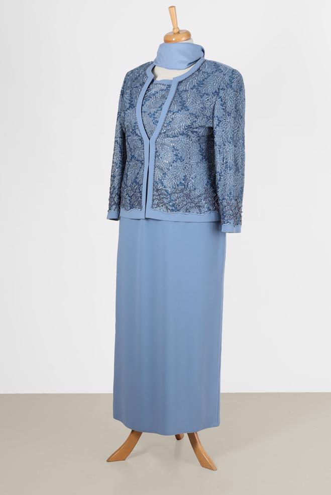 Vêtements hijab BLEU ENSEMBLE ROBE 2 PIÈCES DÉTAIL GUIPURE 30158 - ALVİNA