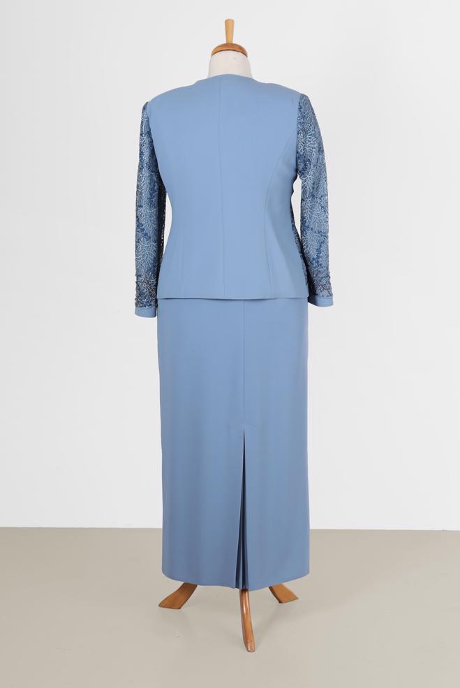 Vêtements hijab BLEU ENSEMBLE ROBE 2 PIÈCES DÉTAIL GUIPURE 30158 - ALVİNA