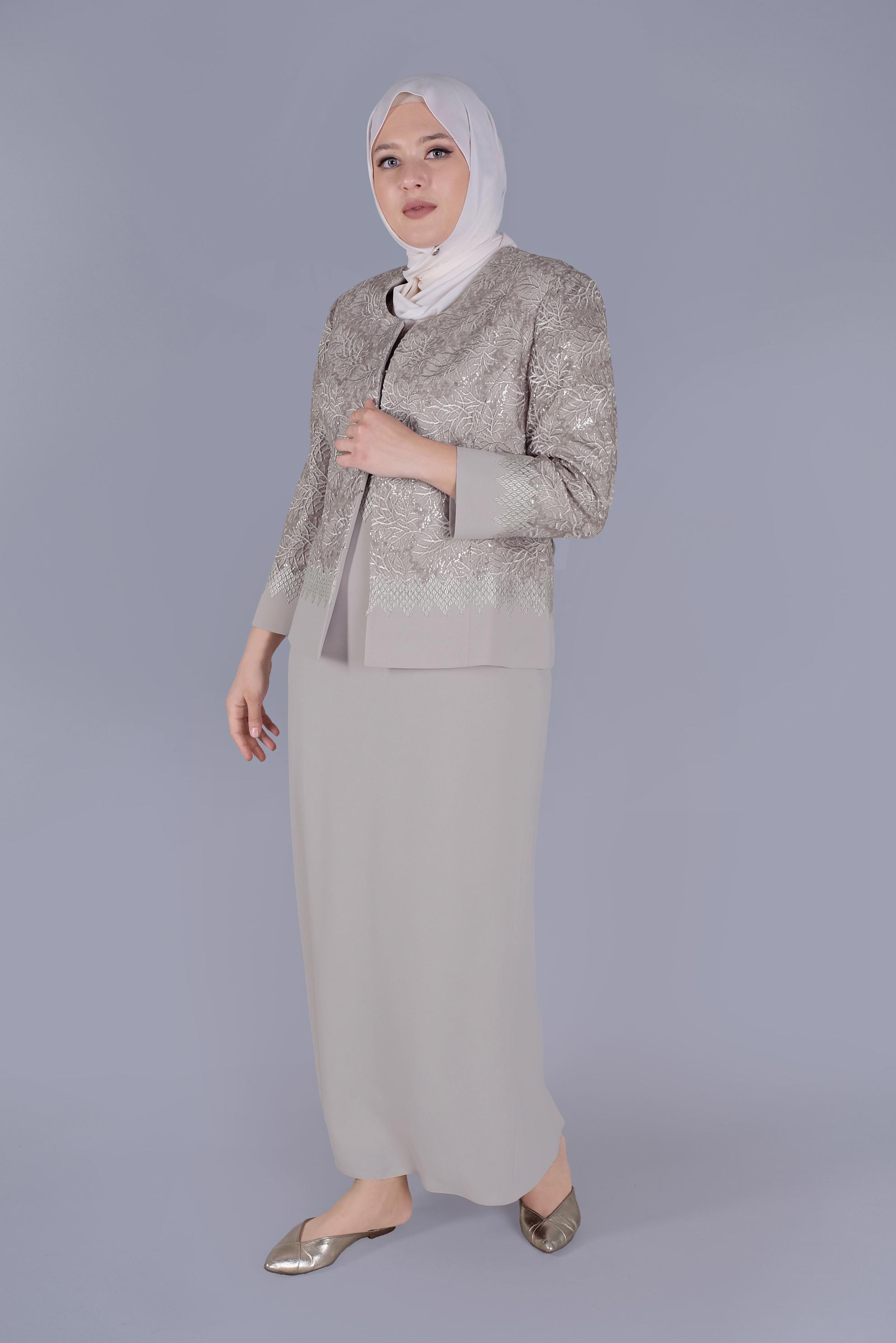 Hijab clothing BEIGE 2-PIECE EMBROIDERED SUIT WITH DRESS 30159 