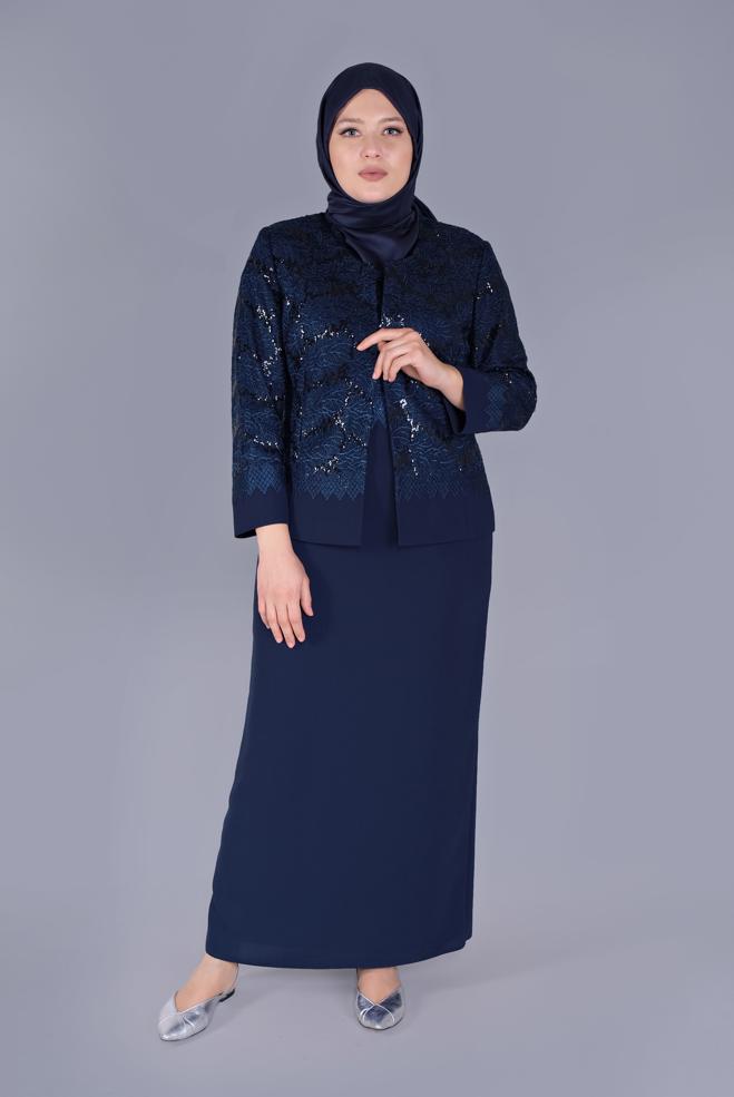 Hijab clothing NAVY BLUE 2-PIECE EMBROIDERED SUIT WITH DRESS 30159  - ALVİNA