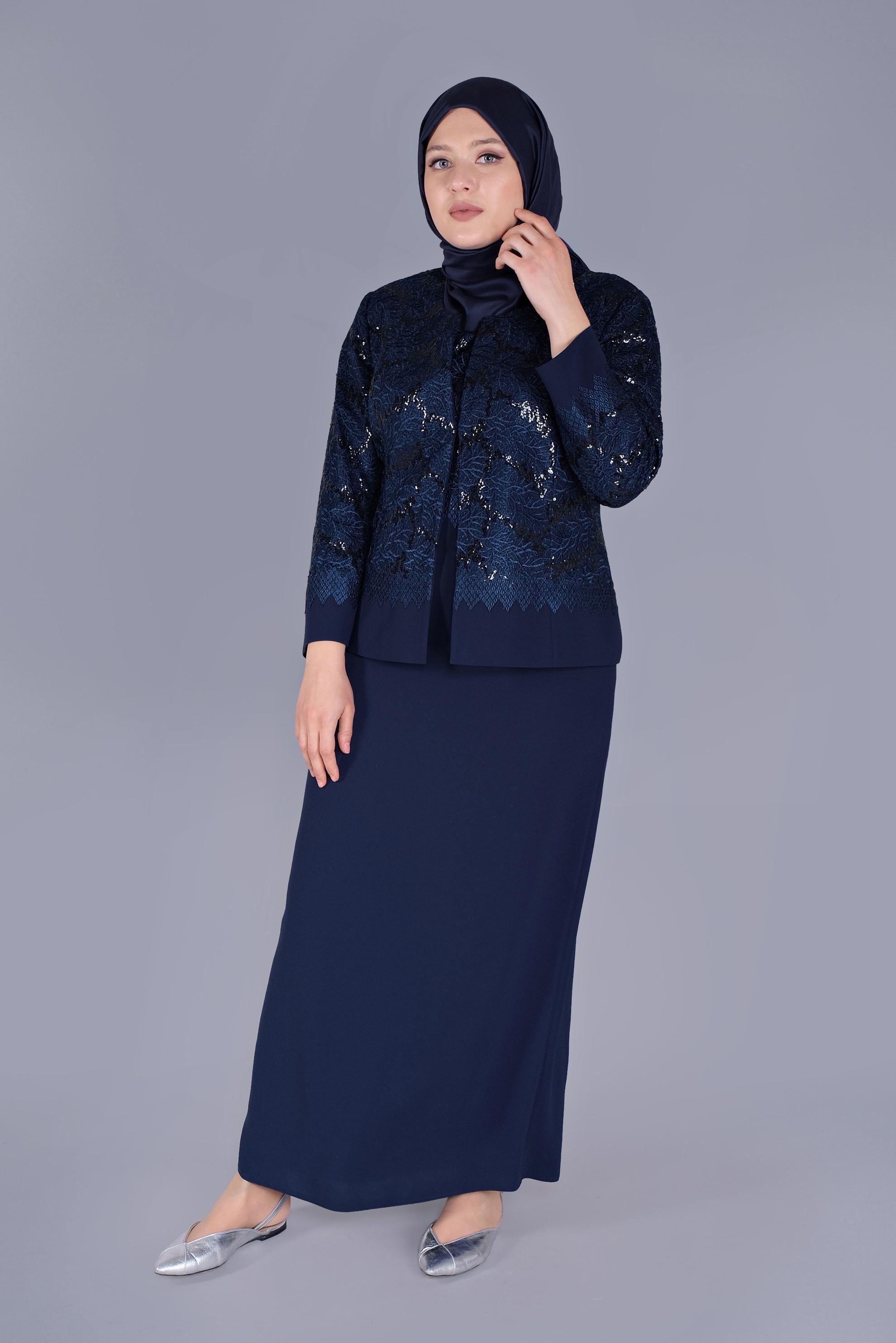 Hijab clothing NAVY BLUE 2-PIECE EMBROIDERED SUIT WITH DRESS 30159 
