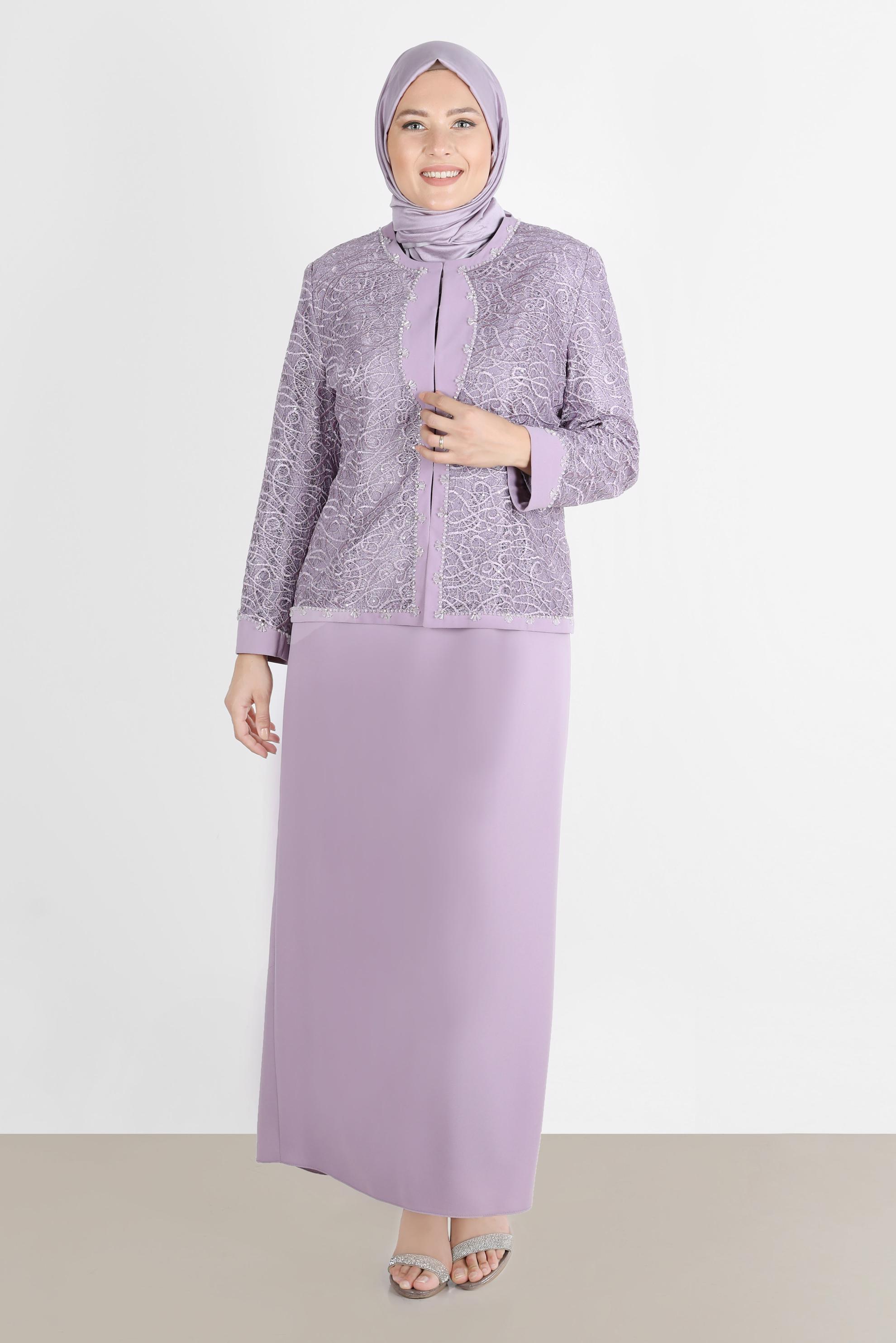 Tesettür giyim MOR İŞLEMELİ TAŞLI İKİLİ ELBİSELİ TAKIM 30163