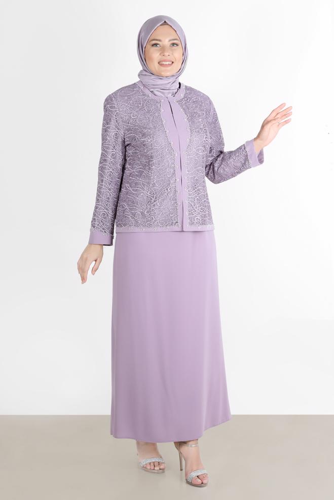 Hijab clothing PURPLE EMBROIDERED JEWELLED 2-PIECE SKIRT SUIT 30163 - ALVİNA