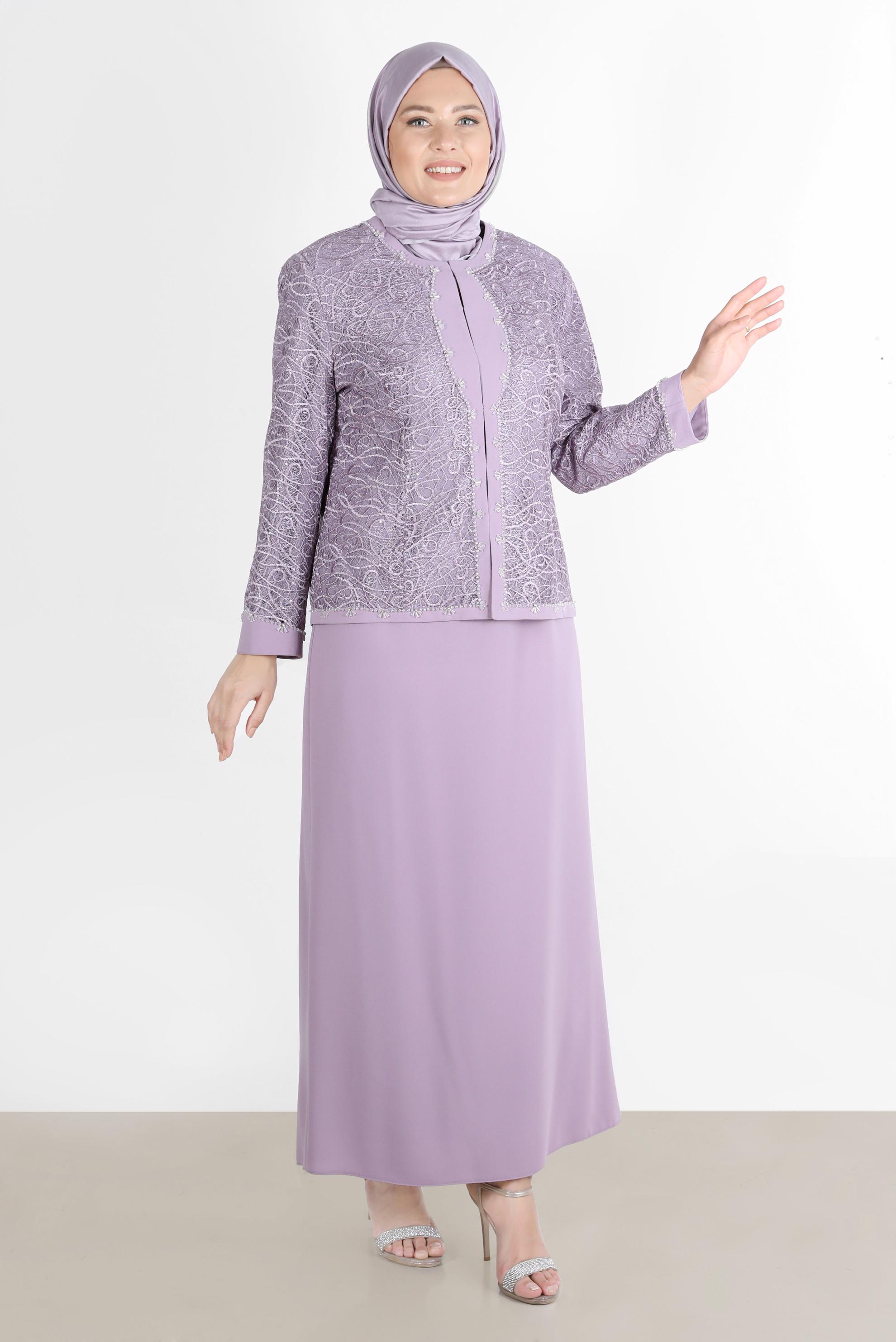Tesettür giyim MOR İŞLEMELİ TAŞLI İKİLİ ELBİSELİ TAKIM 30163