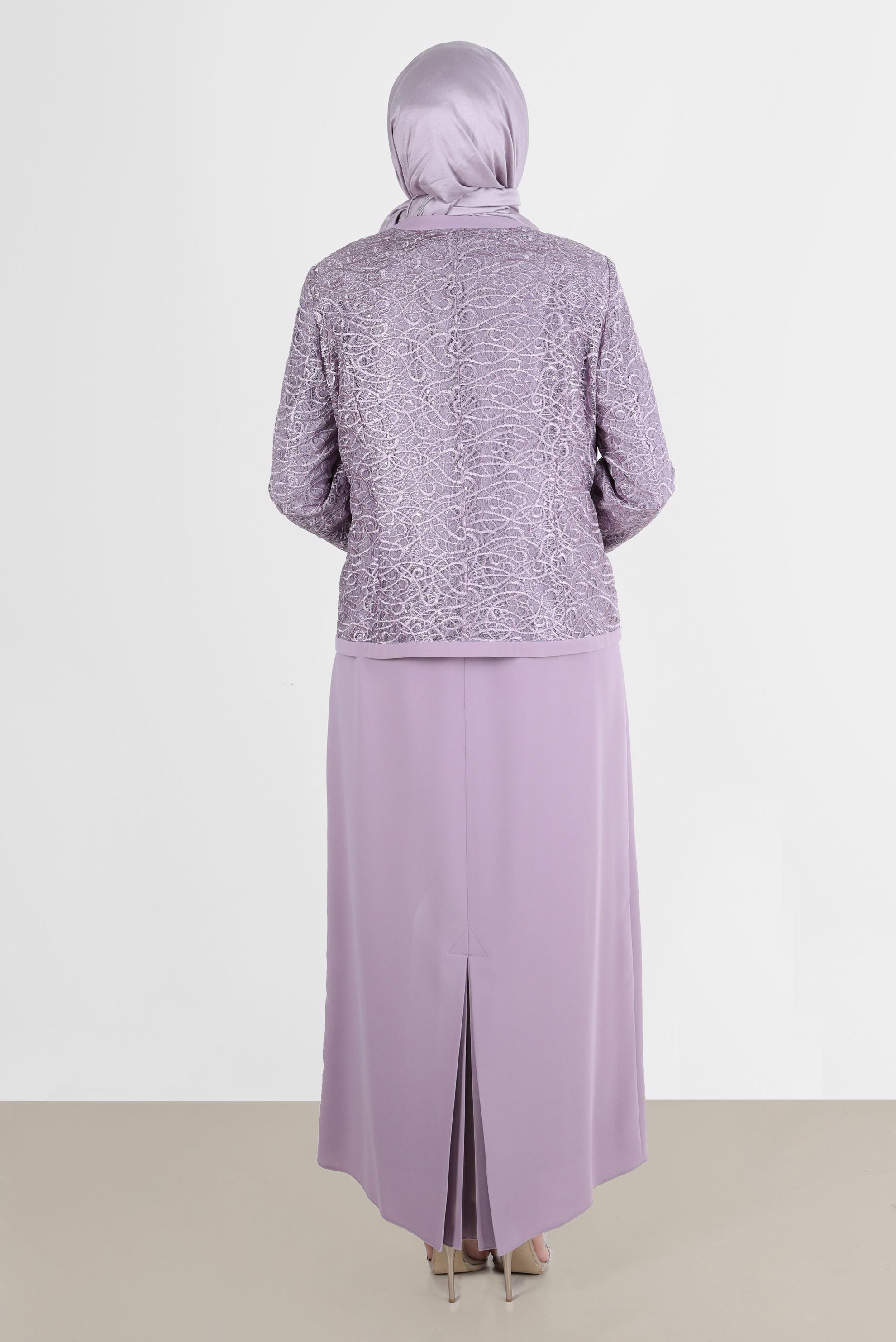 Tesettür giyim MOR İŞLEMELİ TAŞLI İKİLİ ELBİSELİ TAKIM 30163