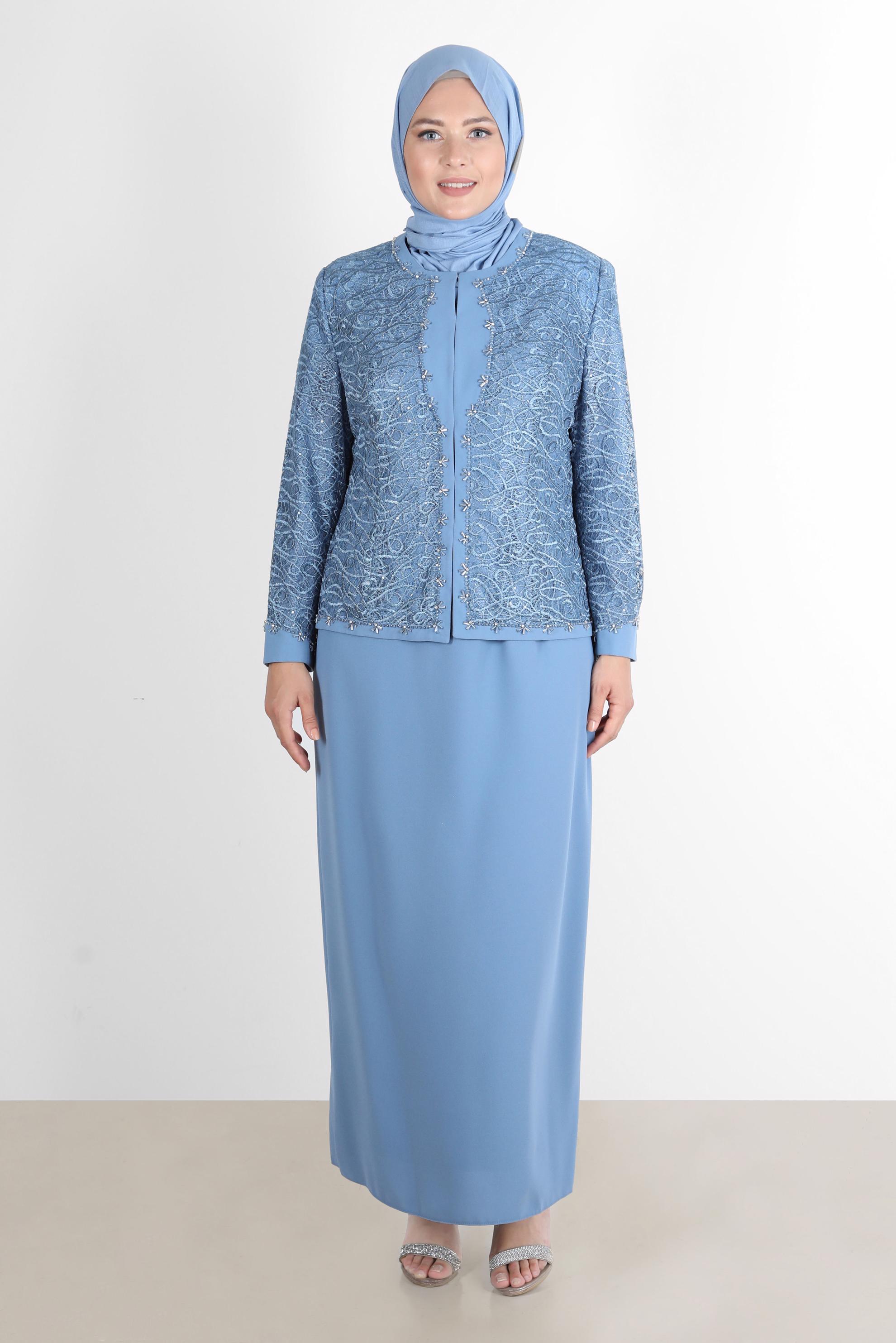 Hijab clothing NAVY BLUE EMBROIDERED JEWELLED 2-PIECE SKIRT SUIT 30163
