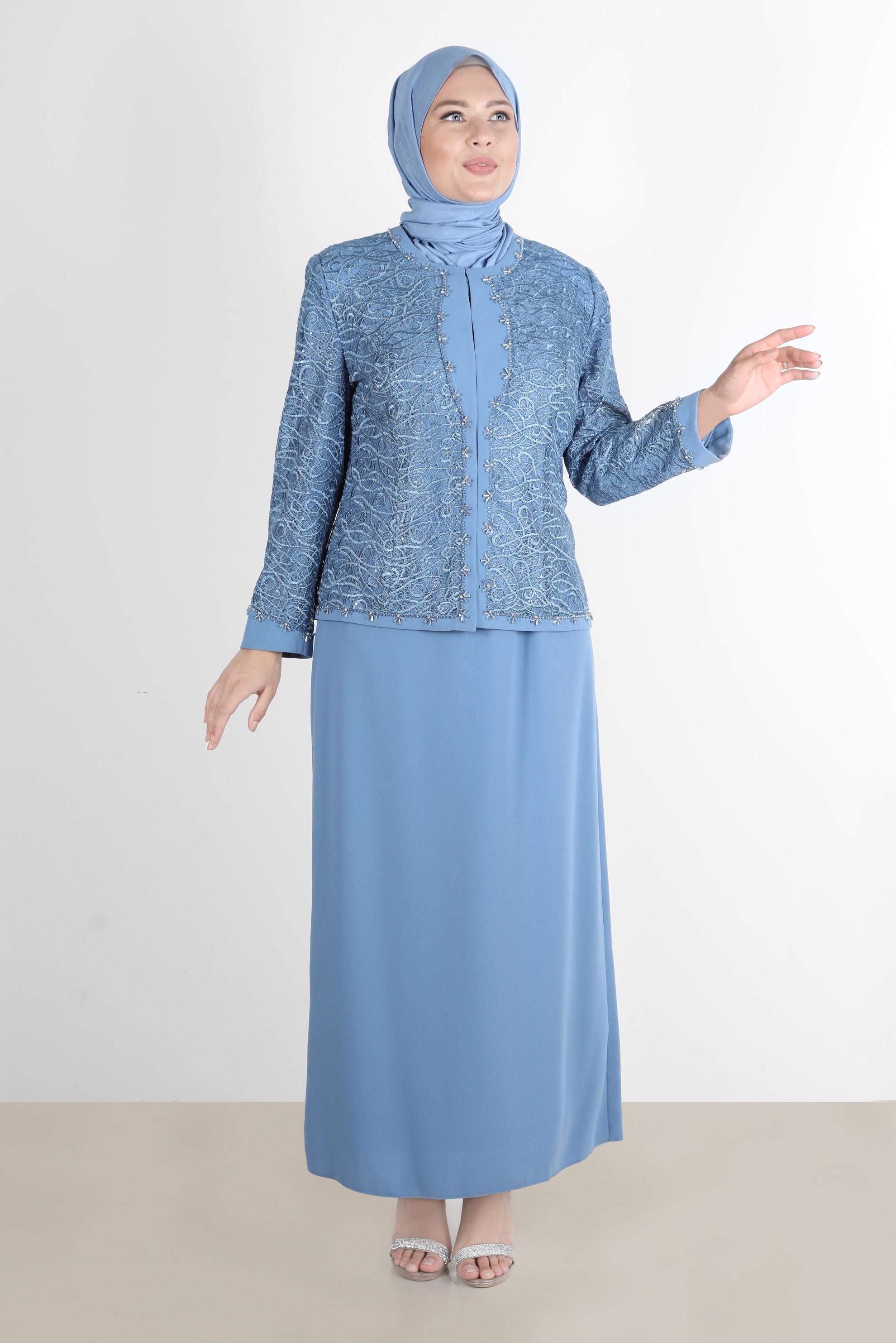 Hijab clothing NAVY BLUE EMBROIDERED JEWELLED 2-PIECE SKIRT SUIT 30163