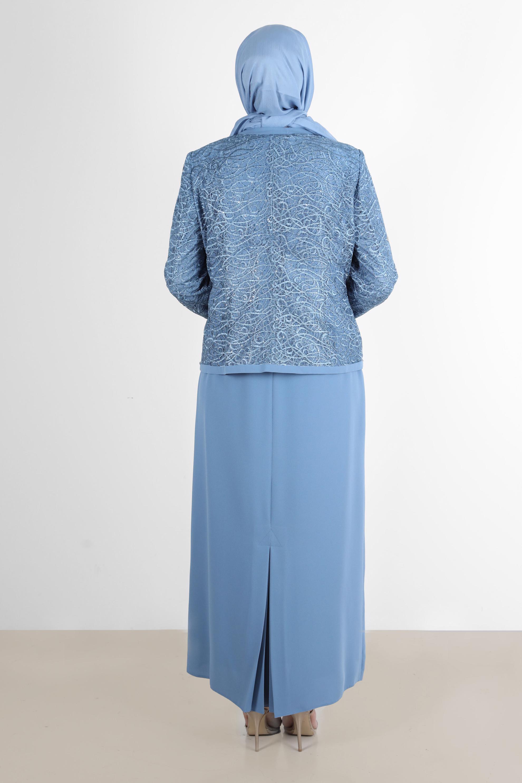 Hijab clothing NAVY BLUE EMBROIDERED JEWELLED 2-PIECE SKIRT SUIT 30163