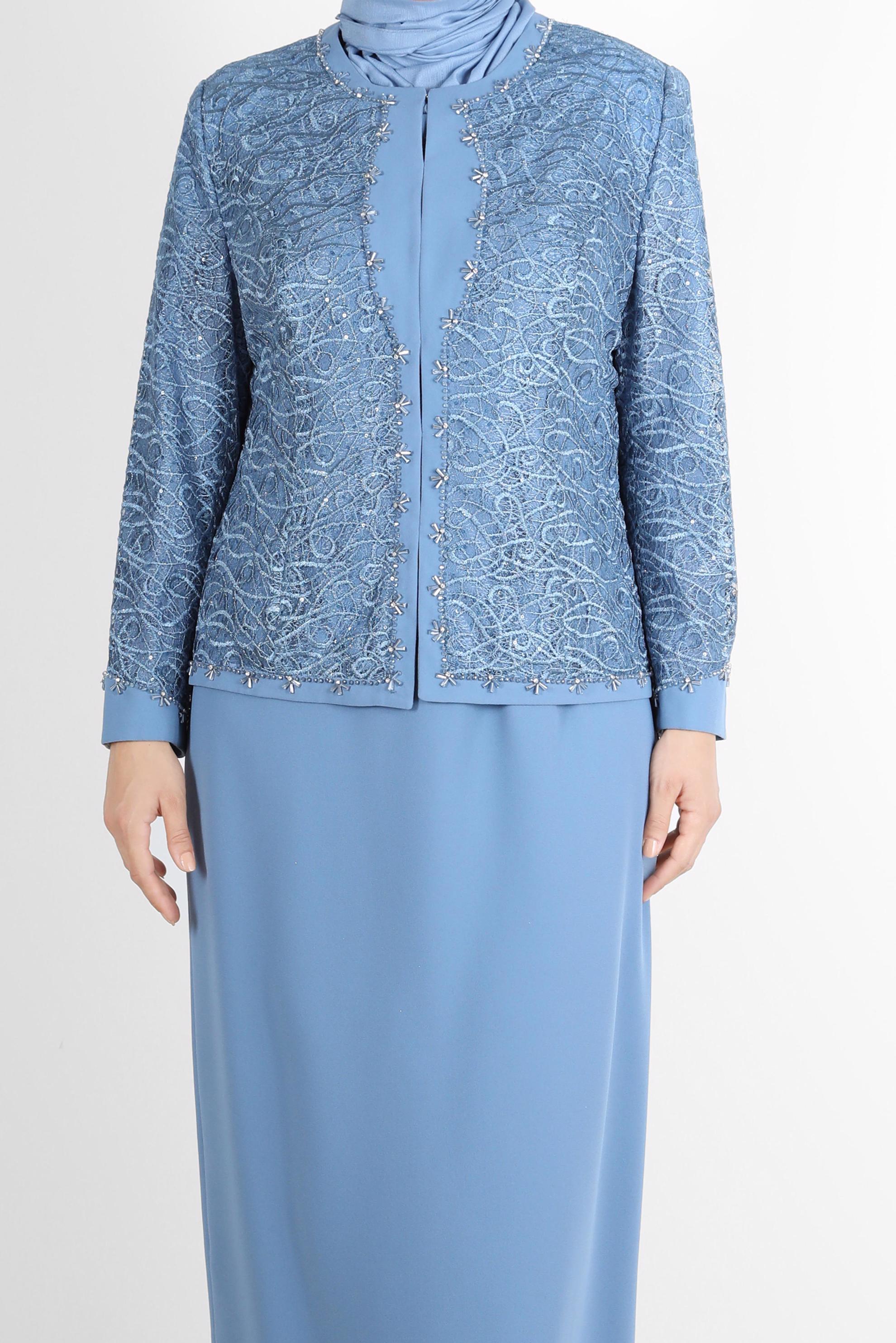 Hijab clothing NAVY BLUE EMBROIDERED JEWELLED 2-PIECE SKIRT SUIT 30163