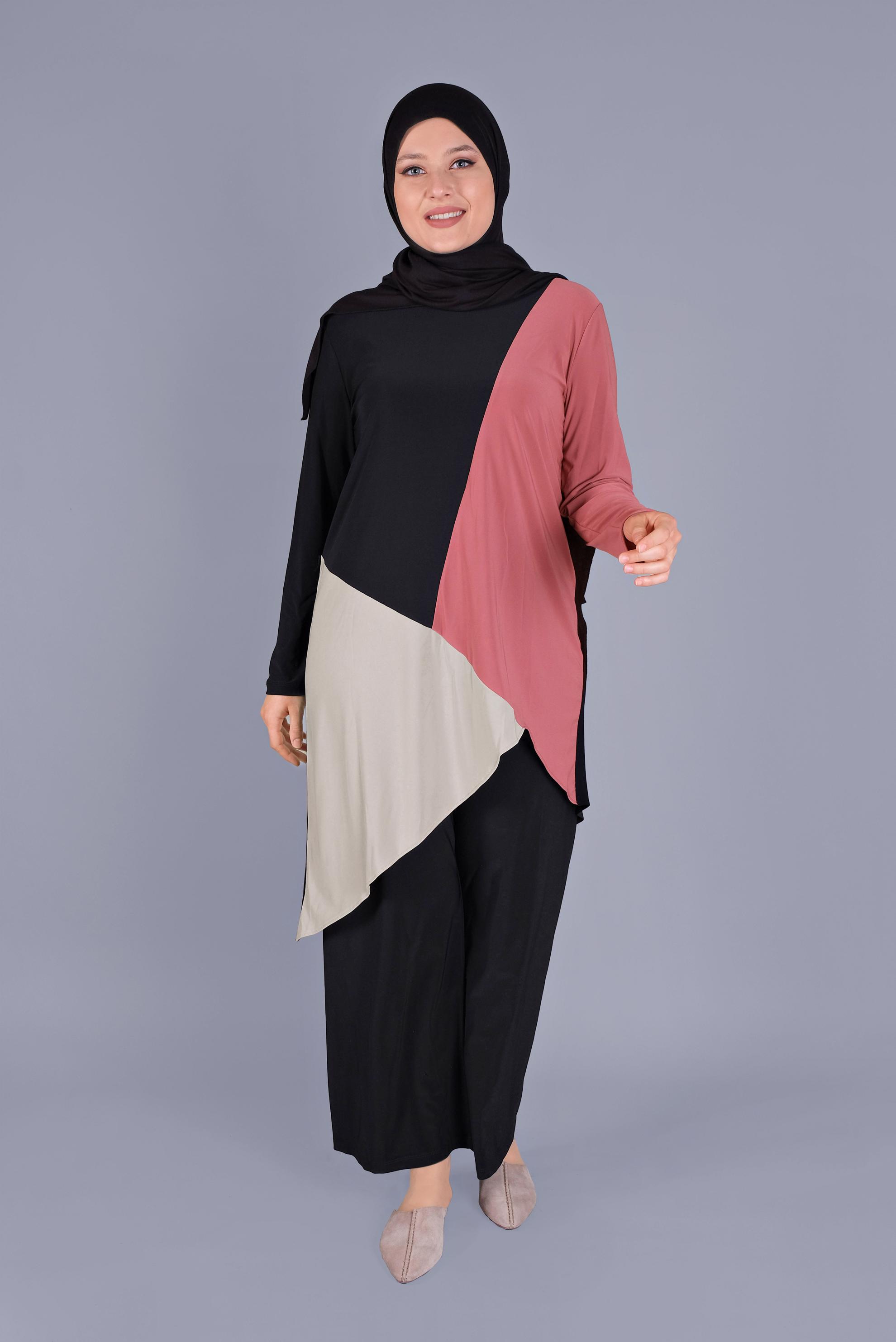 Tesettür giyim SİYAH ÇOK RENKLİ İKİLİ PANT. TAKIM 20131 