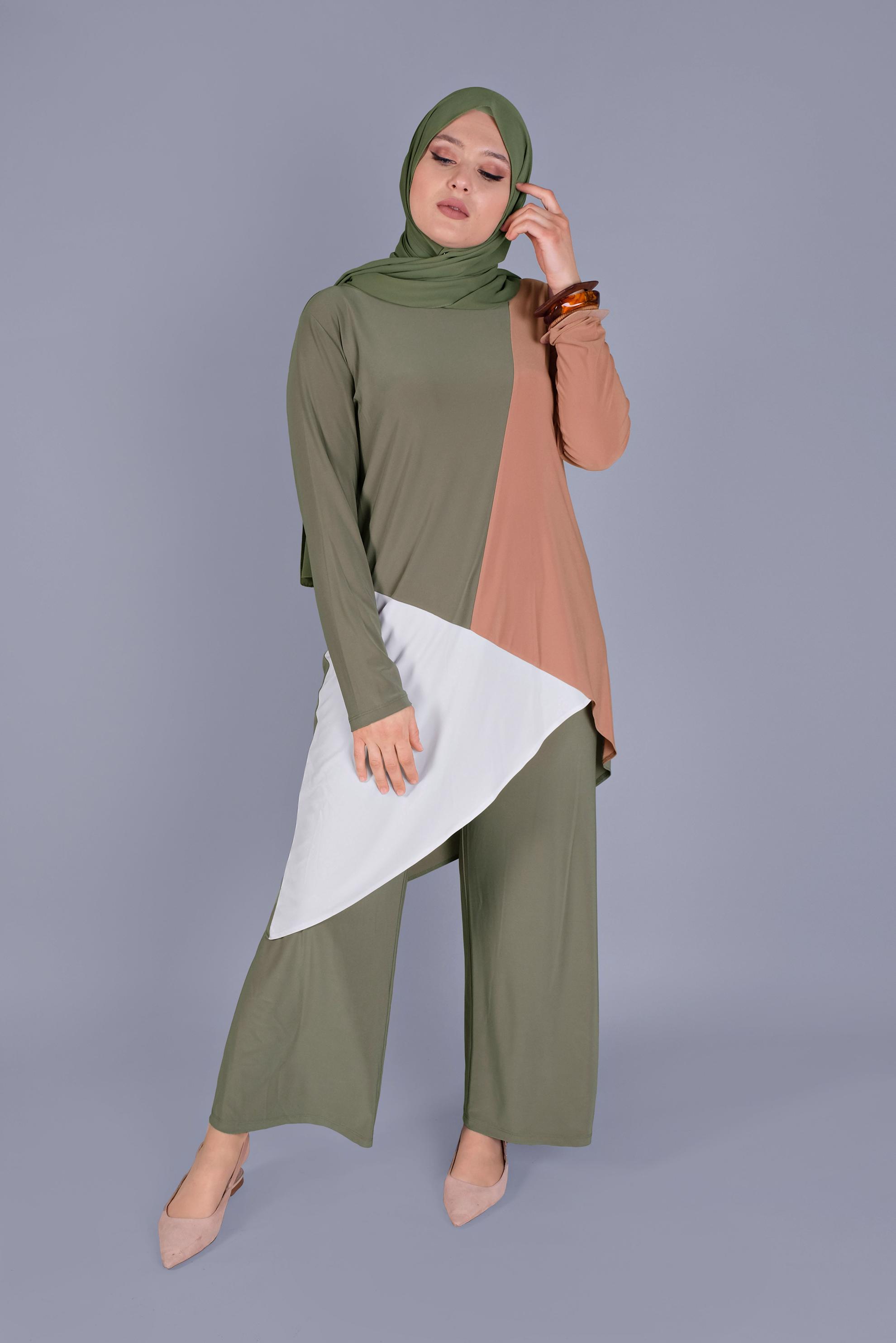 Hijab clothing KHAKI MULTICOLORED 2-PIECE PANTS SUIT 20131 