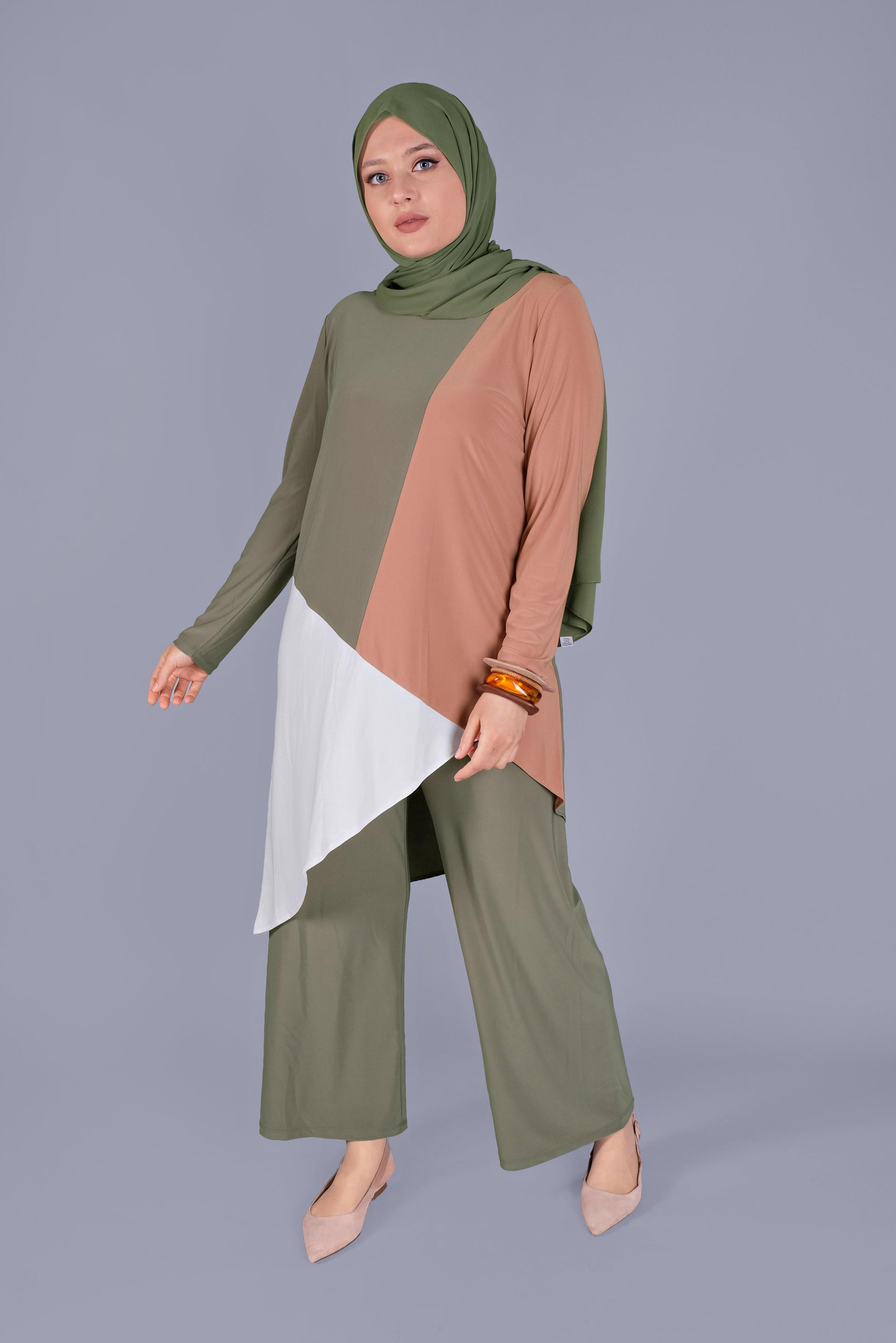 Hijab clothing KHAKI MULTICOLORED 2-PIECE PANTS SUIT 20131 