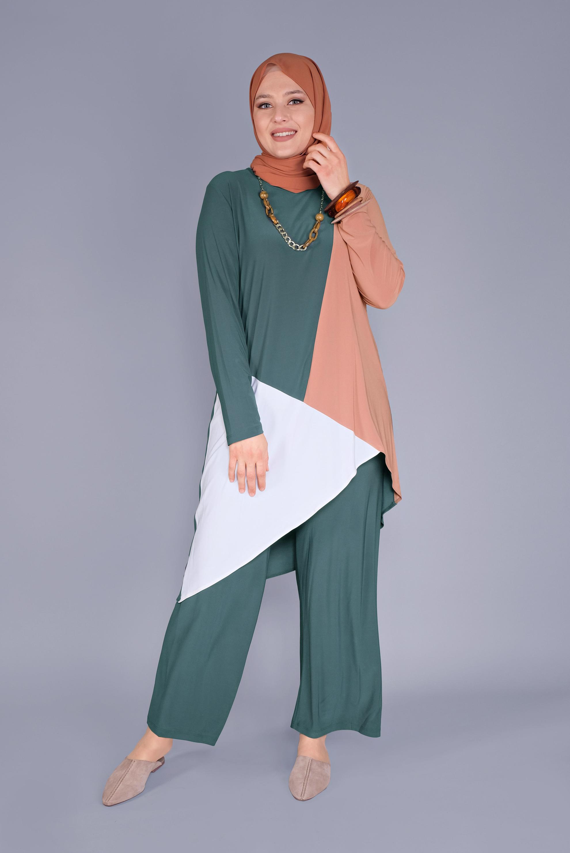 Hijab clothing BLUE MULTICOLORED 2-PIECE PANTS SUIT 20131 