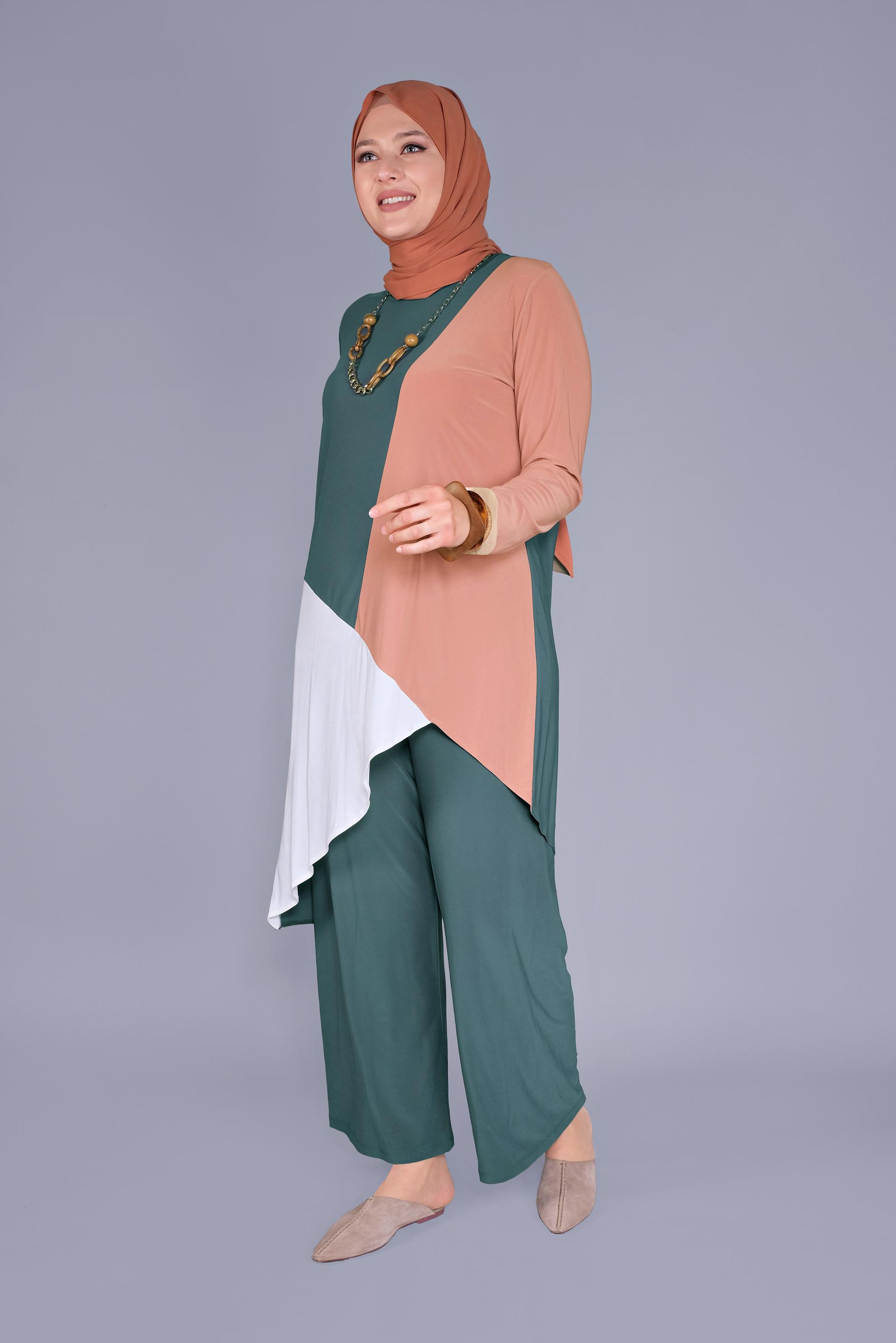 Hijab clothing BLUE MULTICOLORED 2-PIECE PANTS SUIT 20131 