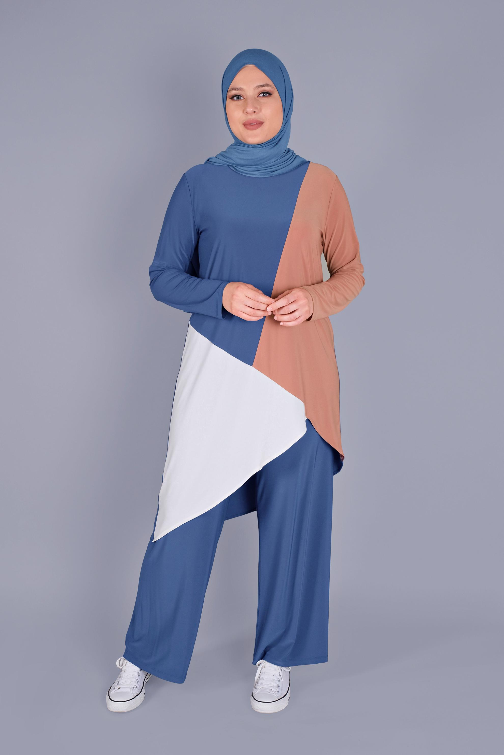 Tesettür giyim LACİVERT ÇOK RENKLİ İKİLİ PANT. TAKIM 20131 