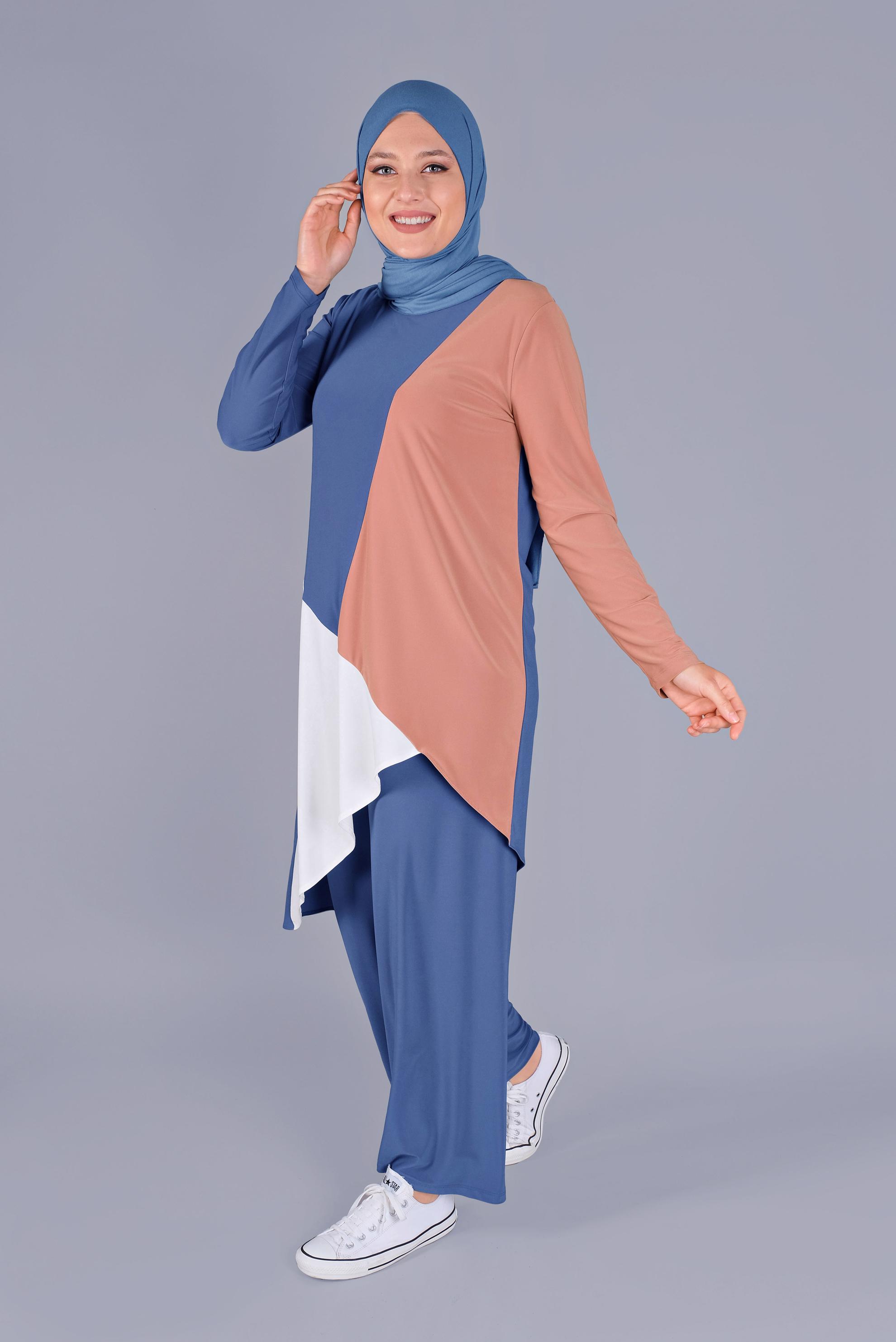 Tesettür giyim LACİVERT ÇOK RENKLİ İKİLİ PANT. TAKIM 20131 