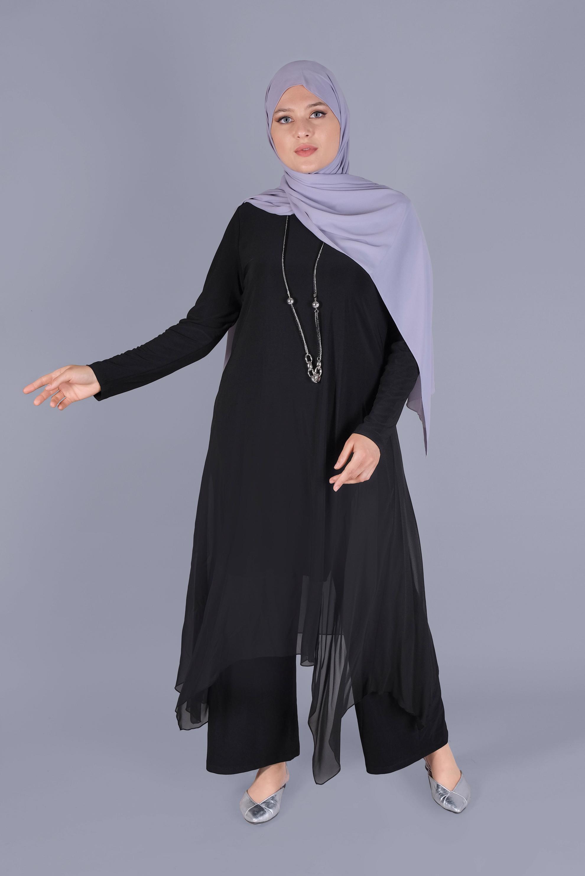 Tesettür giyim SİYAH ASİMETRİK KESİM İKİLİ PANT. TAKIM 20132 