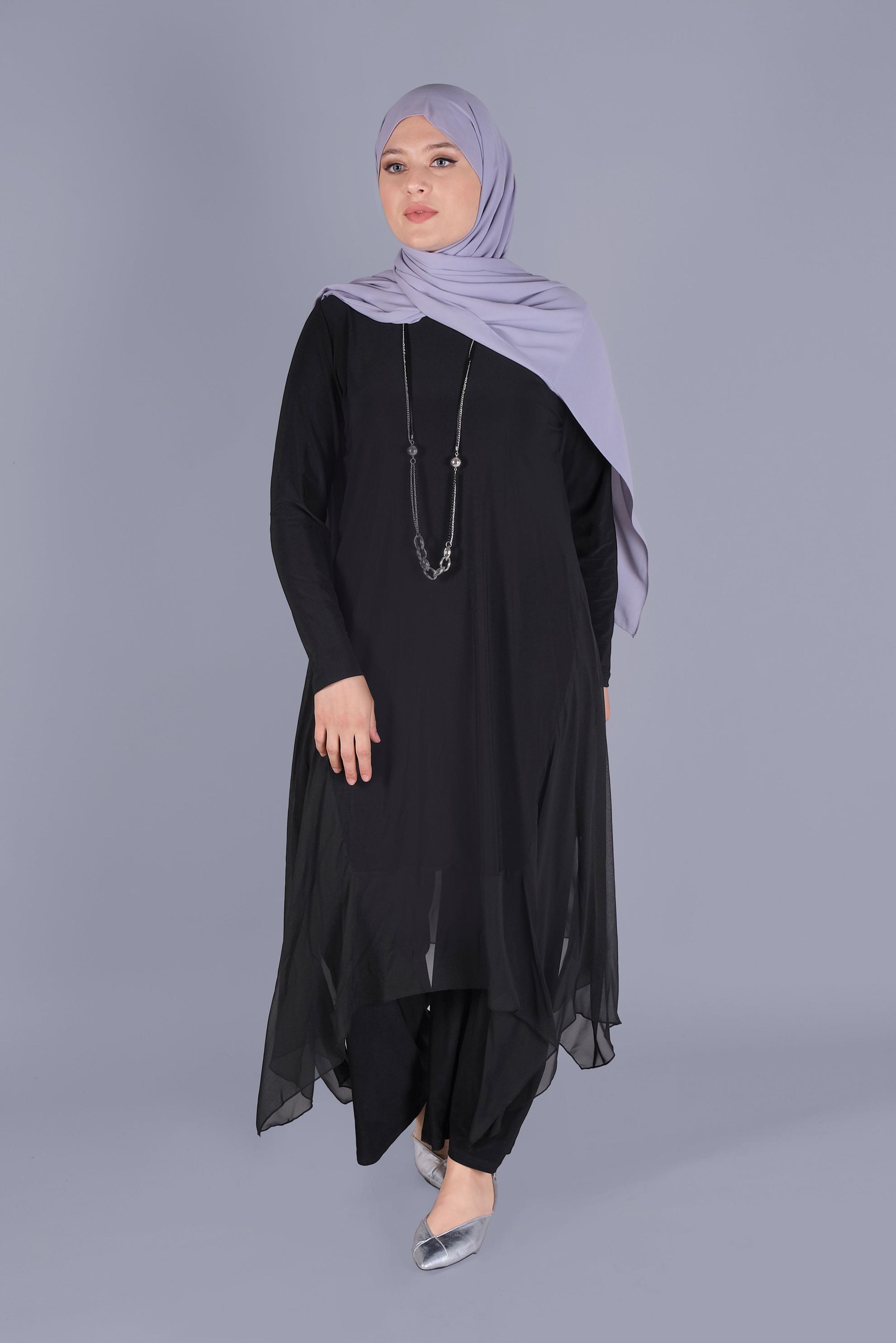 Tesettür giyim SİYAH ASİMETRİK KESİM İKİLİ PANT. TAKIM 20132 