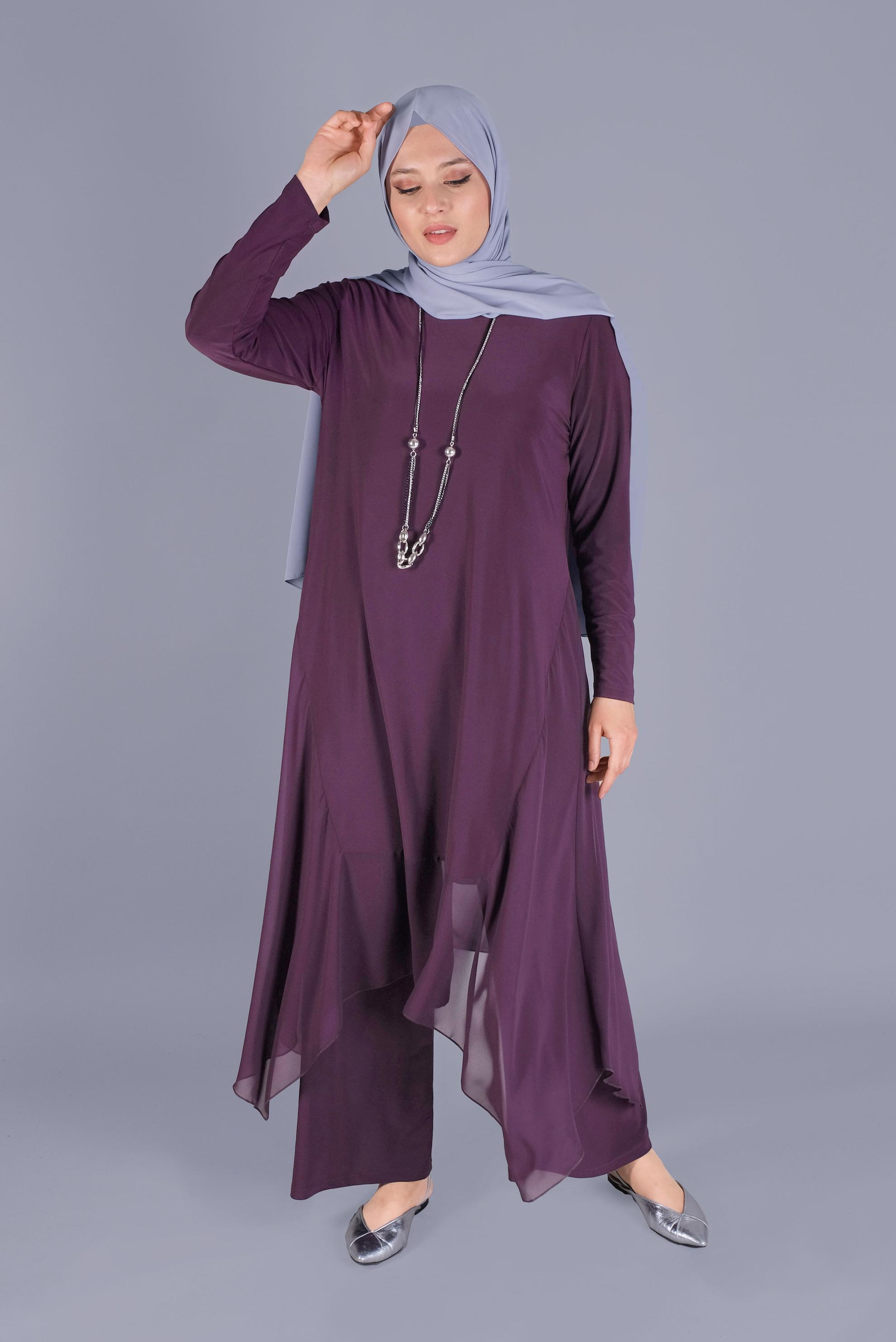 Tesettür giyim MOR ASİMETRİK KESİM İKİLİ PANT. TAKIM 20132 