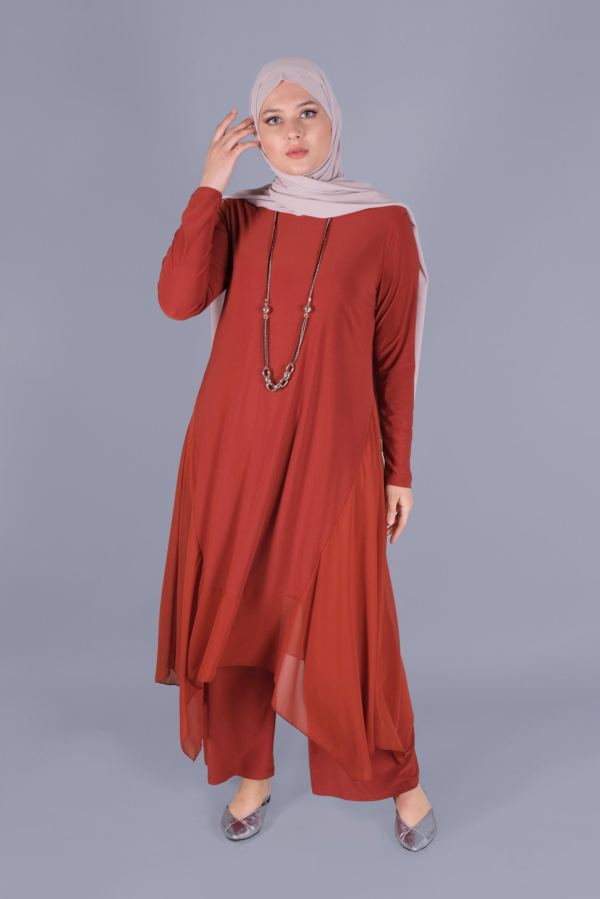 Tesettür giyim TURUNCU ASİMETRİK KESİM İKİLİ PANT. TAKIM 20132 