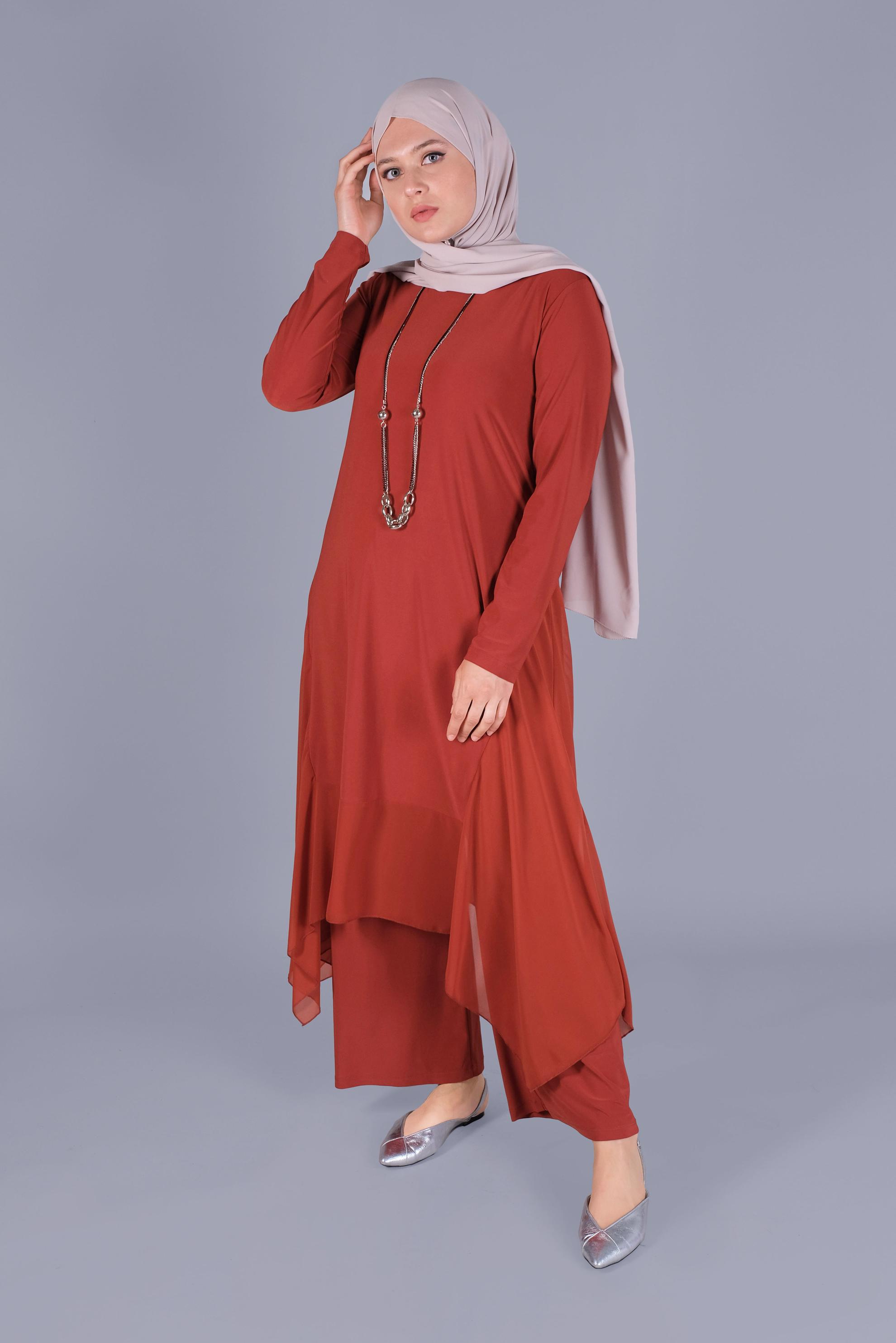 Tesettür giyim TURUNCU ASİMETRİK KESİM İKİLİ PANT. TAKIM 20132 