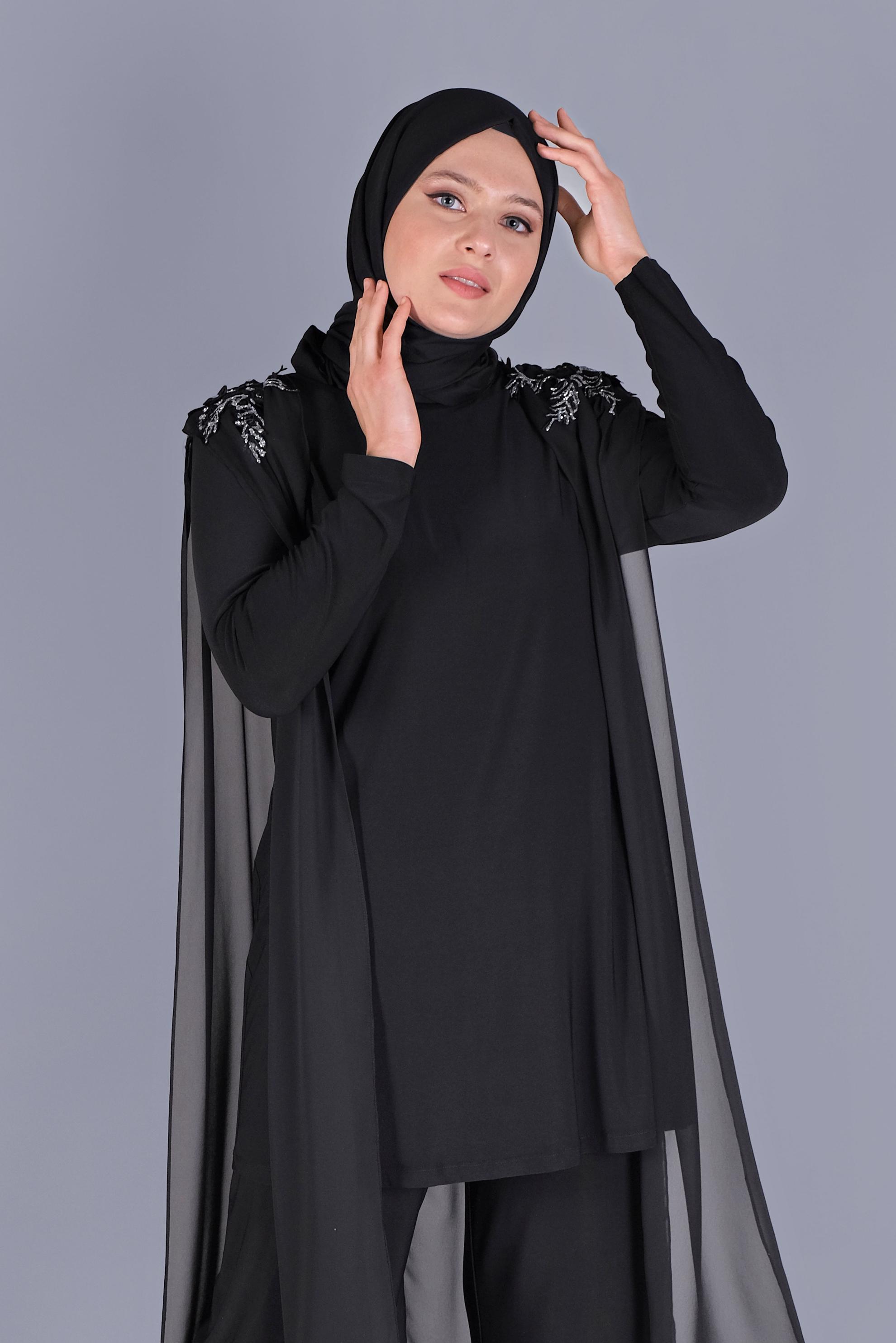 Tesettür giyim SİYAH TAŞ İŞLEMELİ ŞİFON TÜL DETAYLI İKİLİ PANTOLONLU TAKIM 20134 