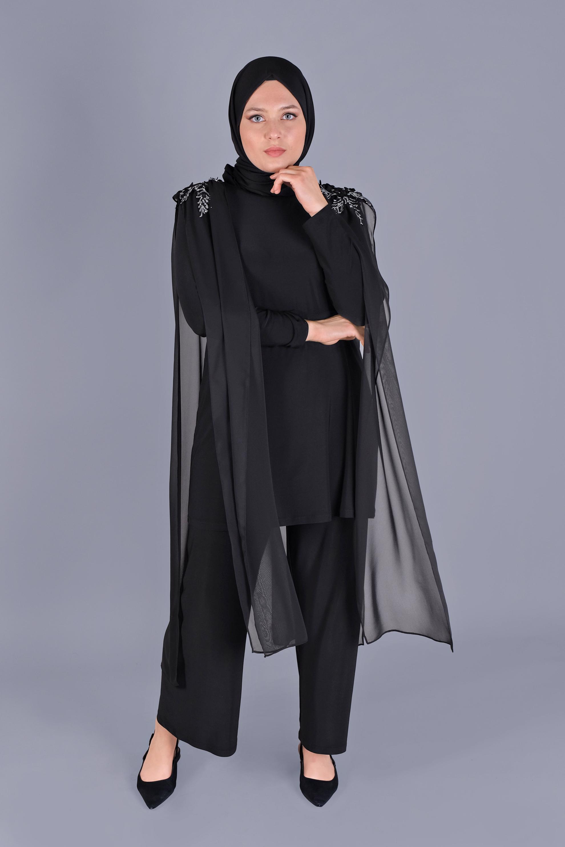 Tesettür giyim SİYAH TAŞ İŞLEMELİ ŞİFON TÜL DETAYLI İKİLİ PANTOLONLU TAKIM 20134 