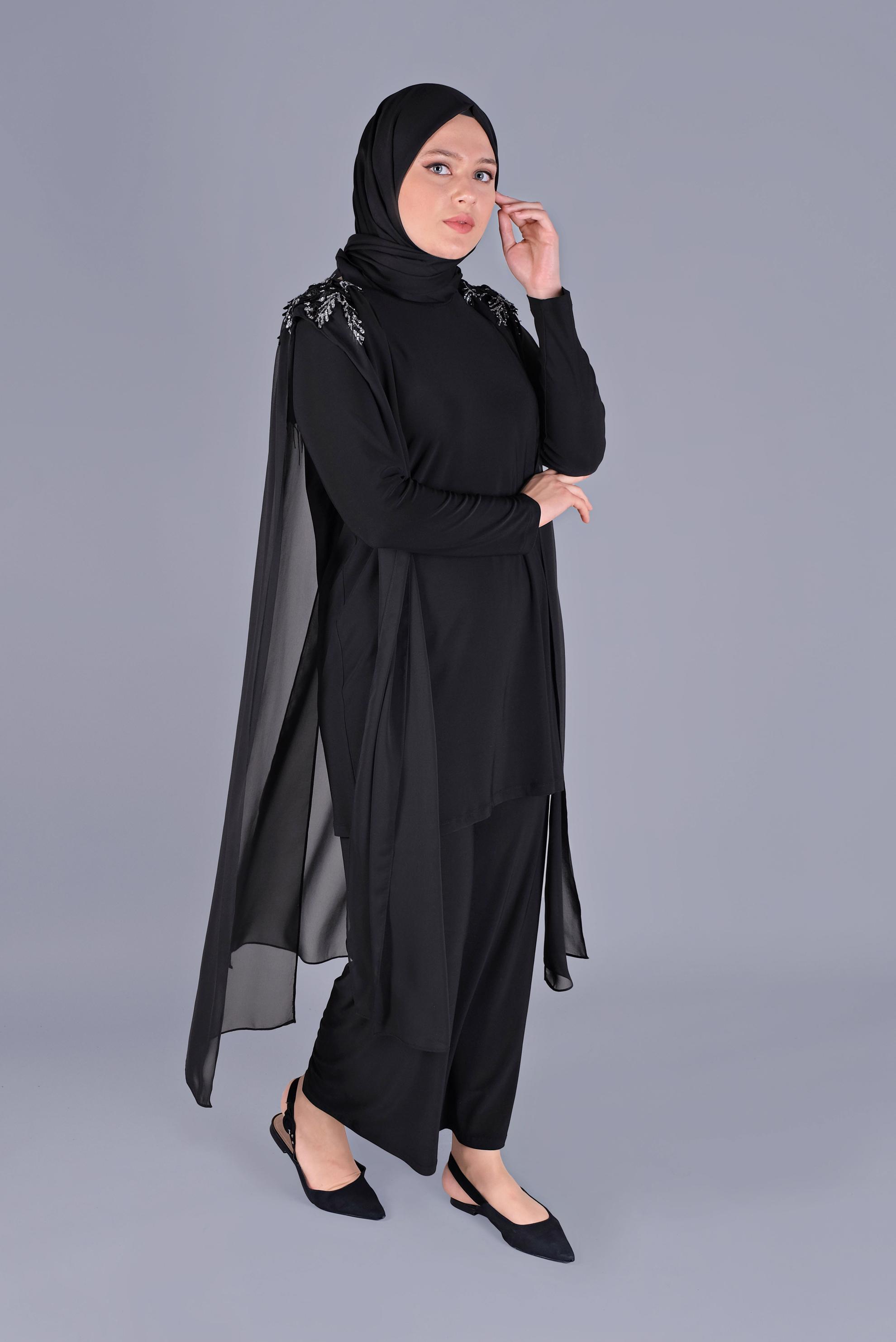 Tesettür giyim SİYAH TAŞ İŞLEMELİ ŞİFON TÜL DETAYLI İKİLİ PANTOLONLU TAKIM 20134 