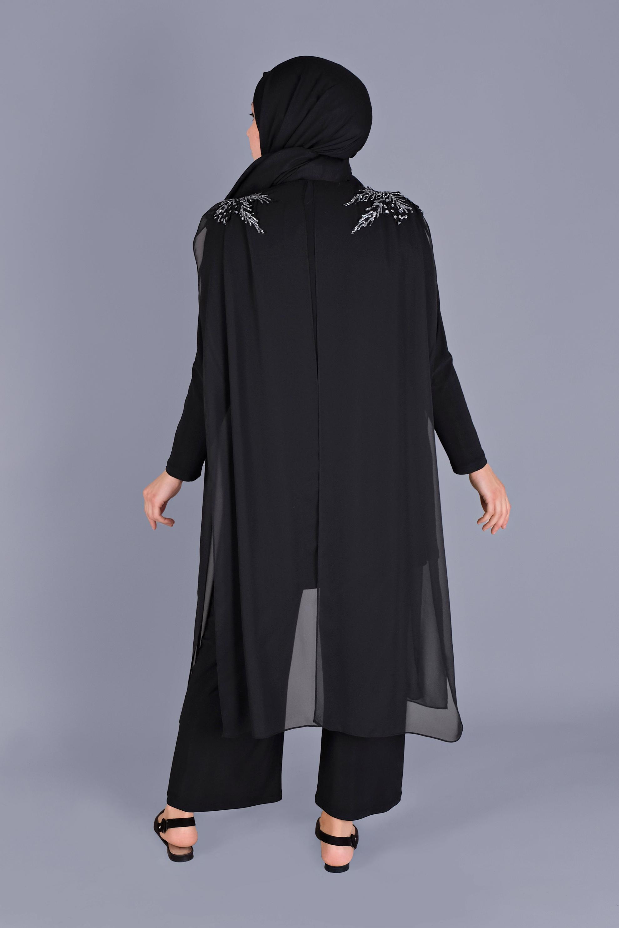 Tesettür giyim SİYAH TAŞ İŞLEMELİ ŞİFON TÜL DETAYLI İKİLİ PANTOLONLU TAKIM 20134 
