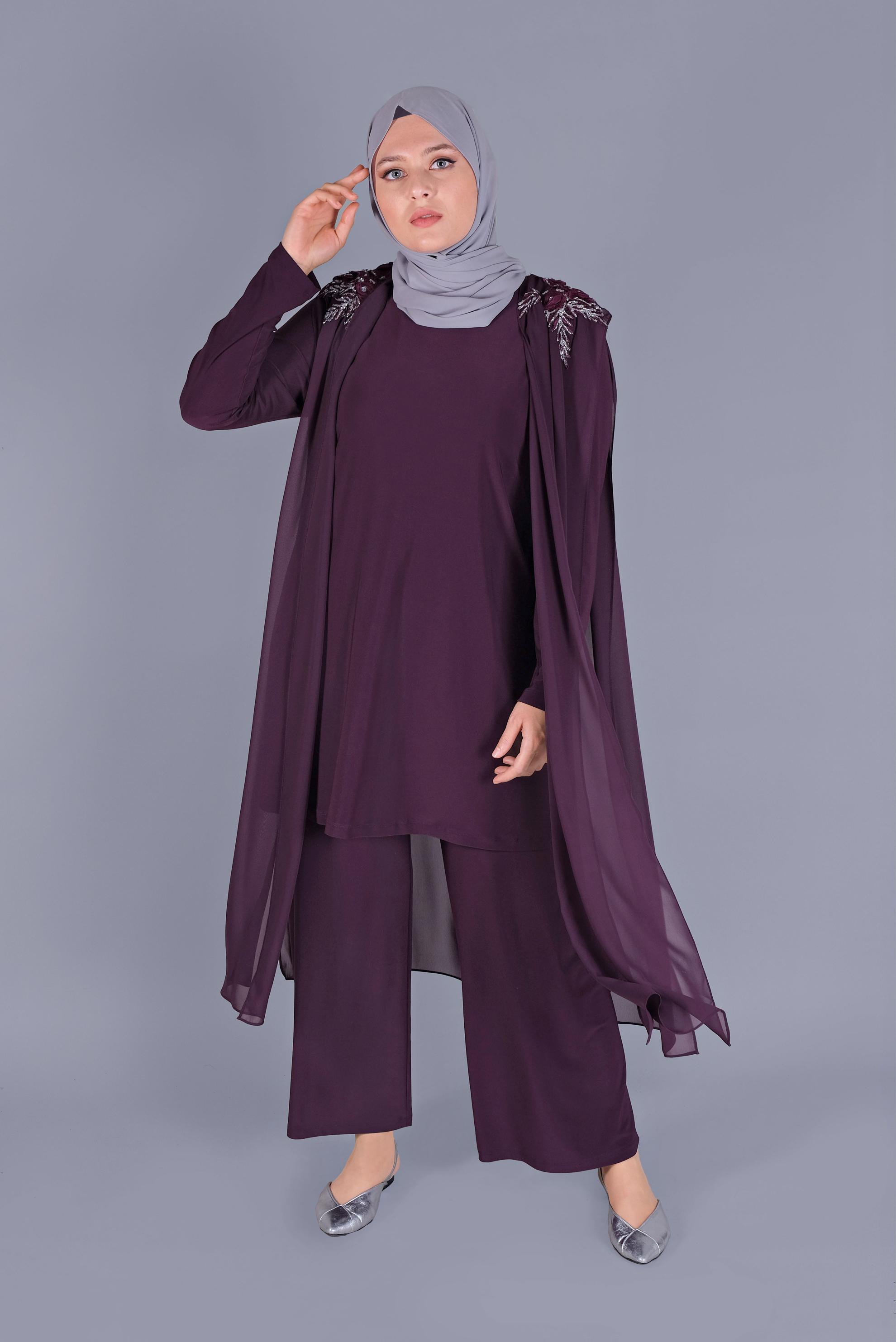 Tesettür giyim MÜRDÜM TAŞ İŞLEMELİ ŞİFON TÜL DETAYLI İKİLİ PANTOLONLU TAKIM 20134 