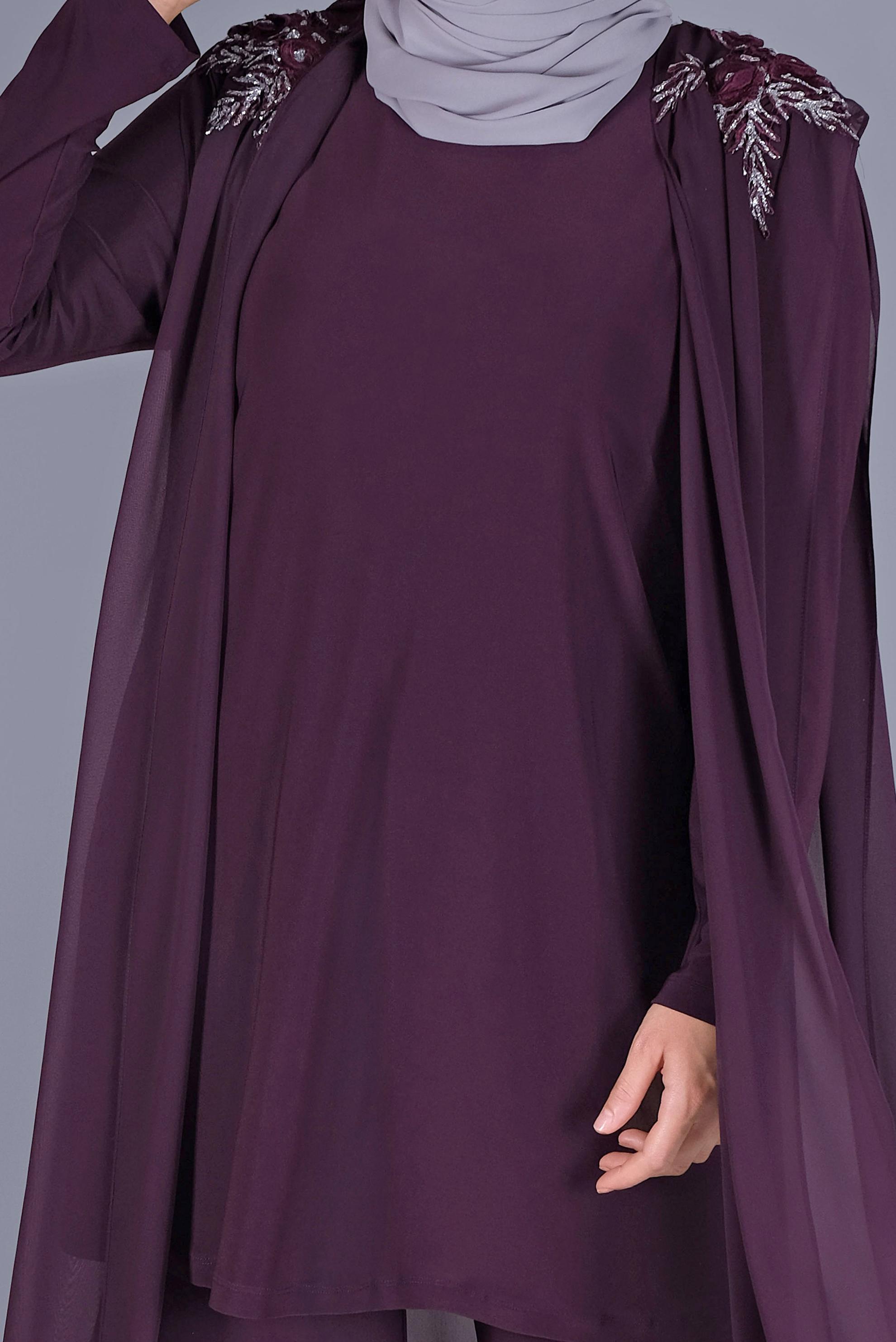 Tesettür giyim MÜRDÜM TAŞ İŞLEMELİ ŞİFON TÜL DETAYLI İKİLİ PANTOLONLU TAKIM 20134 