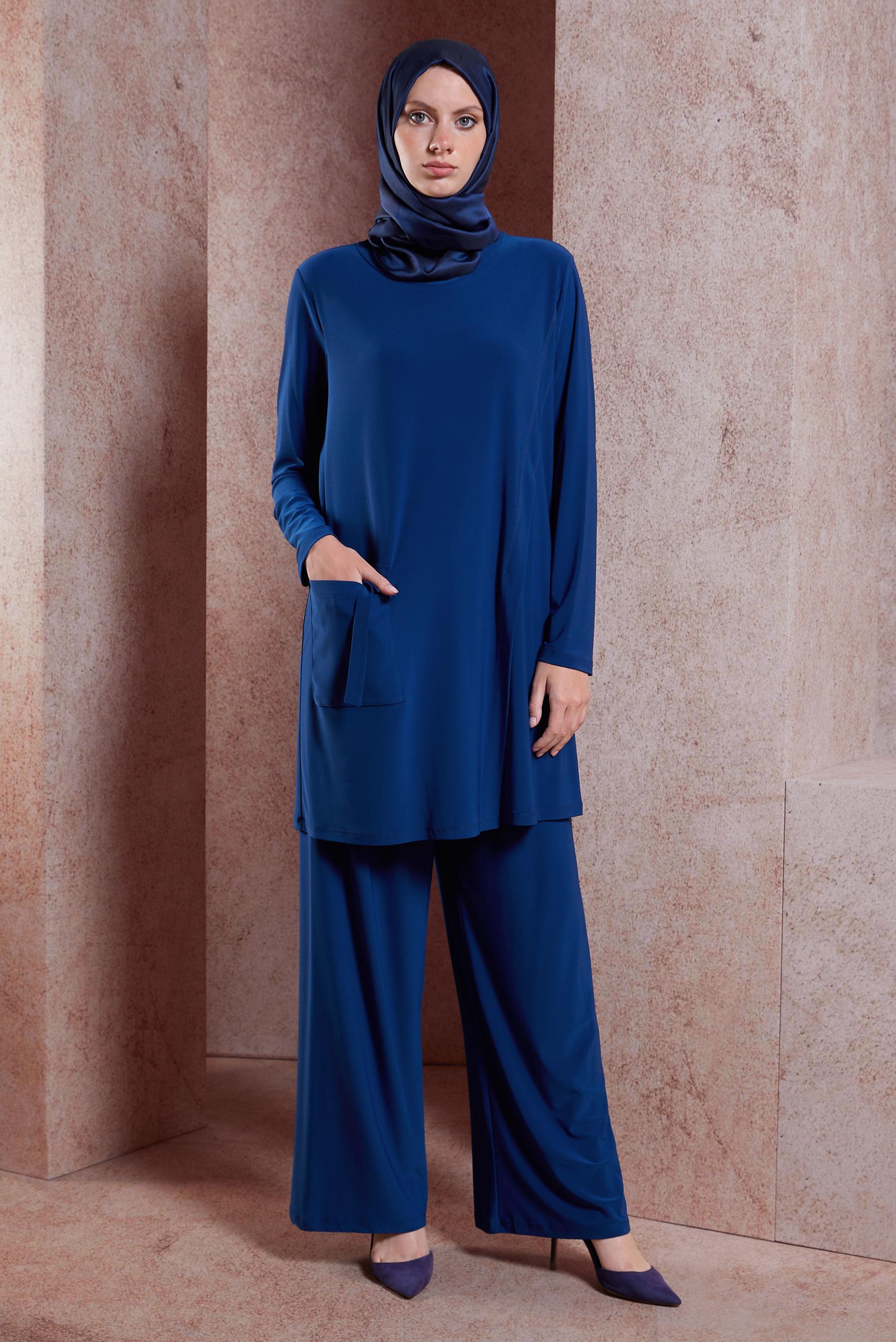 Tesettür giyim MAVİ CEP DETAYLI PANTOLONLU TAKIM 20157