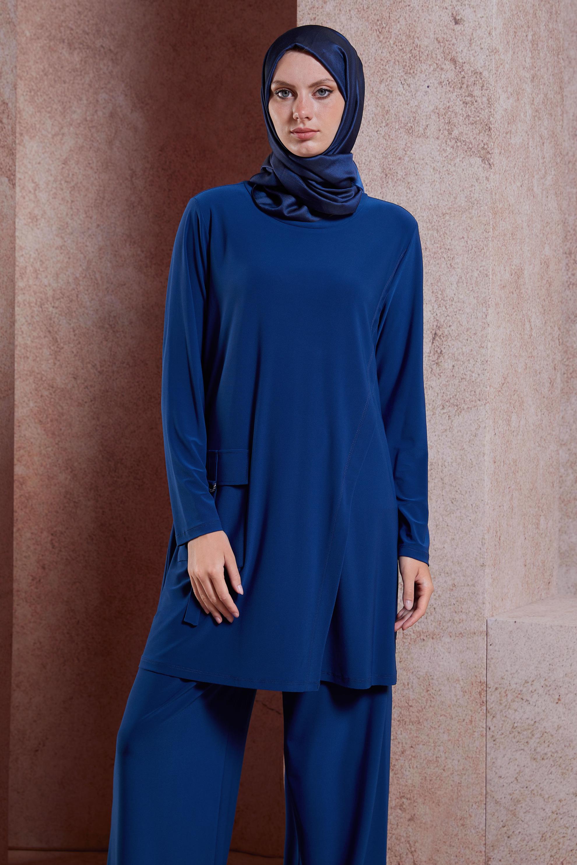 Tesettür giyim MAVİ CEP DETAYLI PANTOLONLU TAKIM 20157