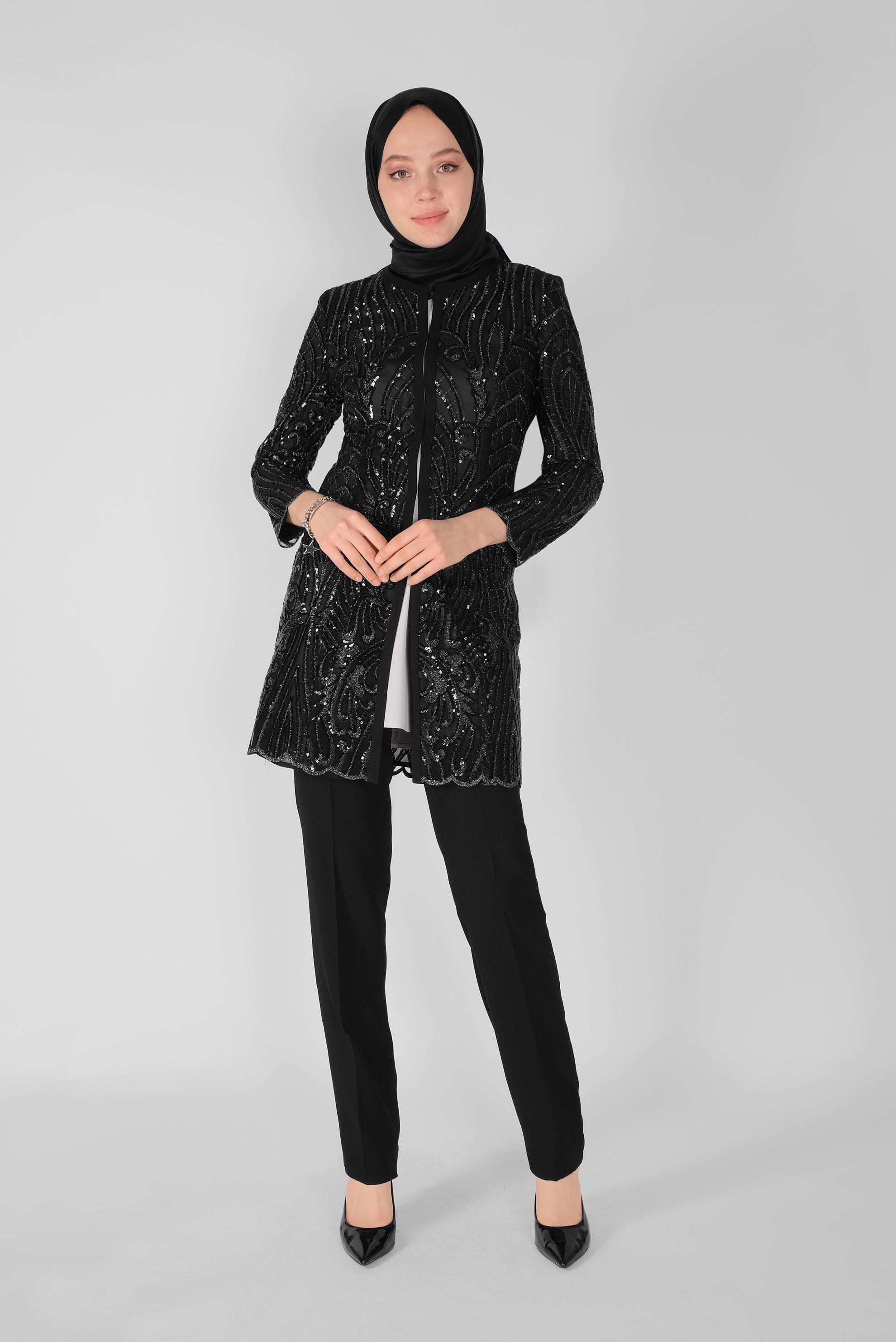 Tesettür giyim SİYAH PULLU PAYETLİ ÜÇLÜ PANTOLONLU TAKIM 30100 