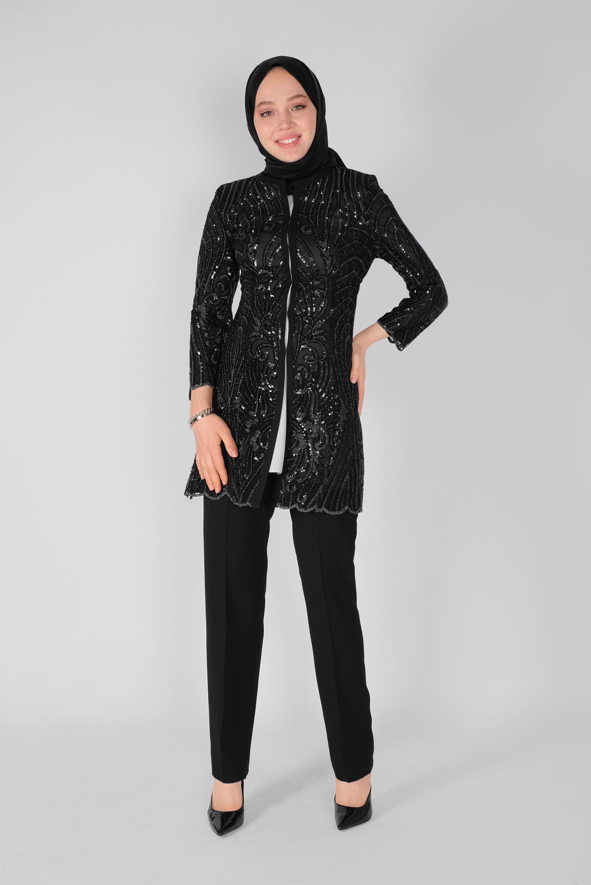 Tesettür giyim SİYAH PULLU PAYETLİ ÜÇLÜ PANTOLONLU TAKIM 30100 