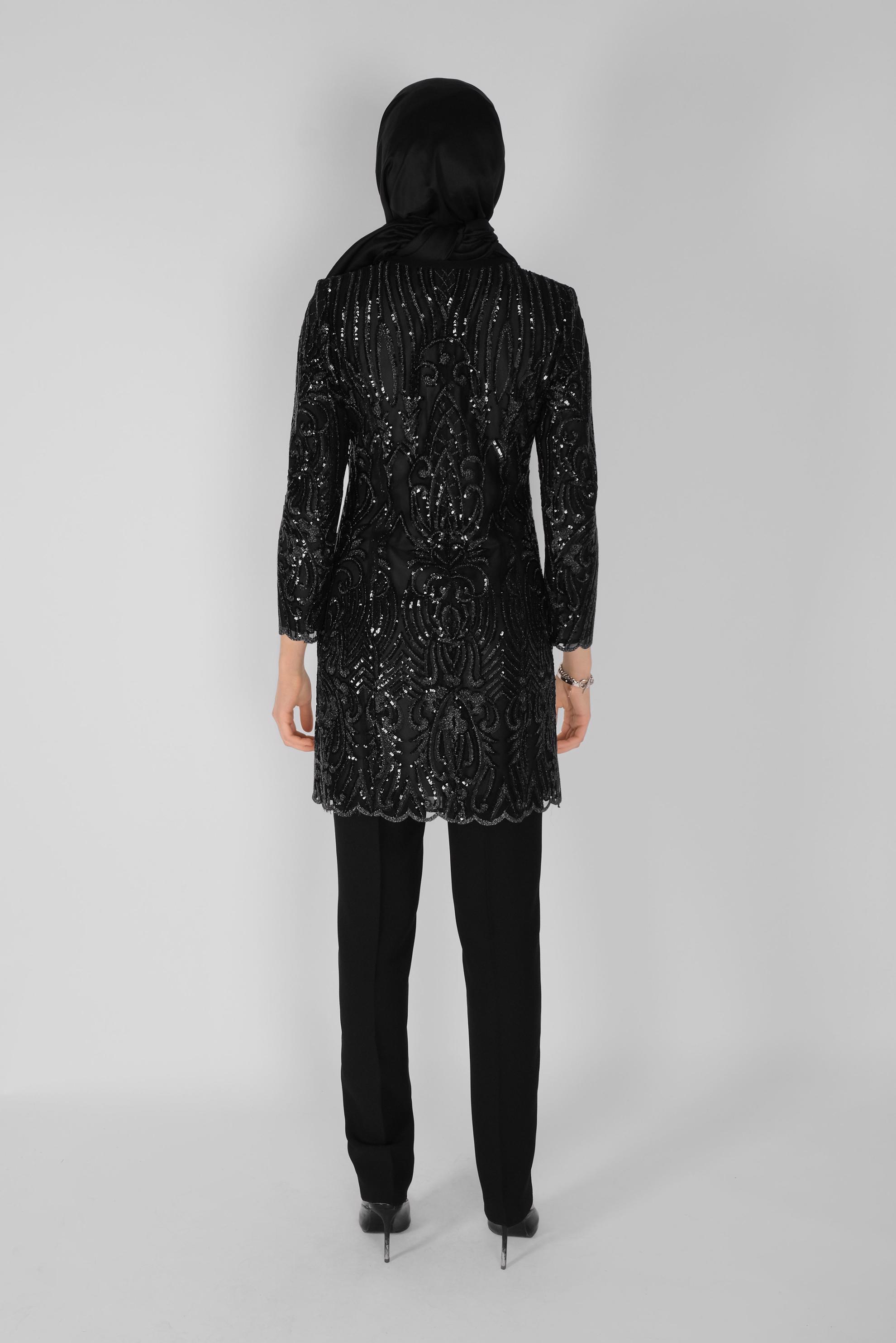 Tesettür giyim SİYAH PULLU PAYETLİ ÜÇLÜ PANTOLONLU TAKIM 30100 