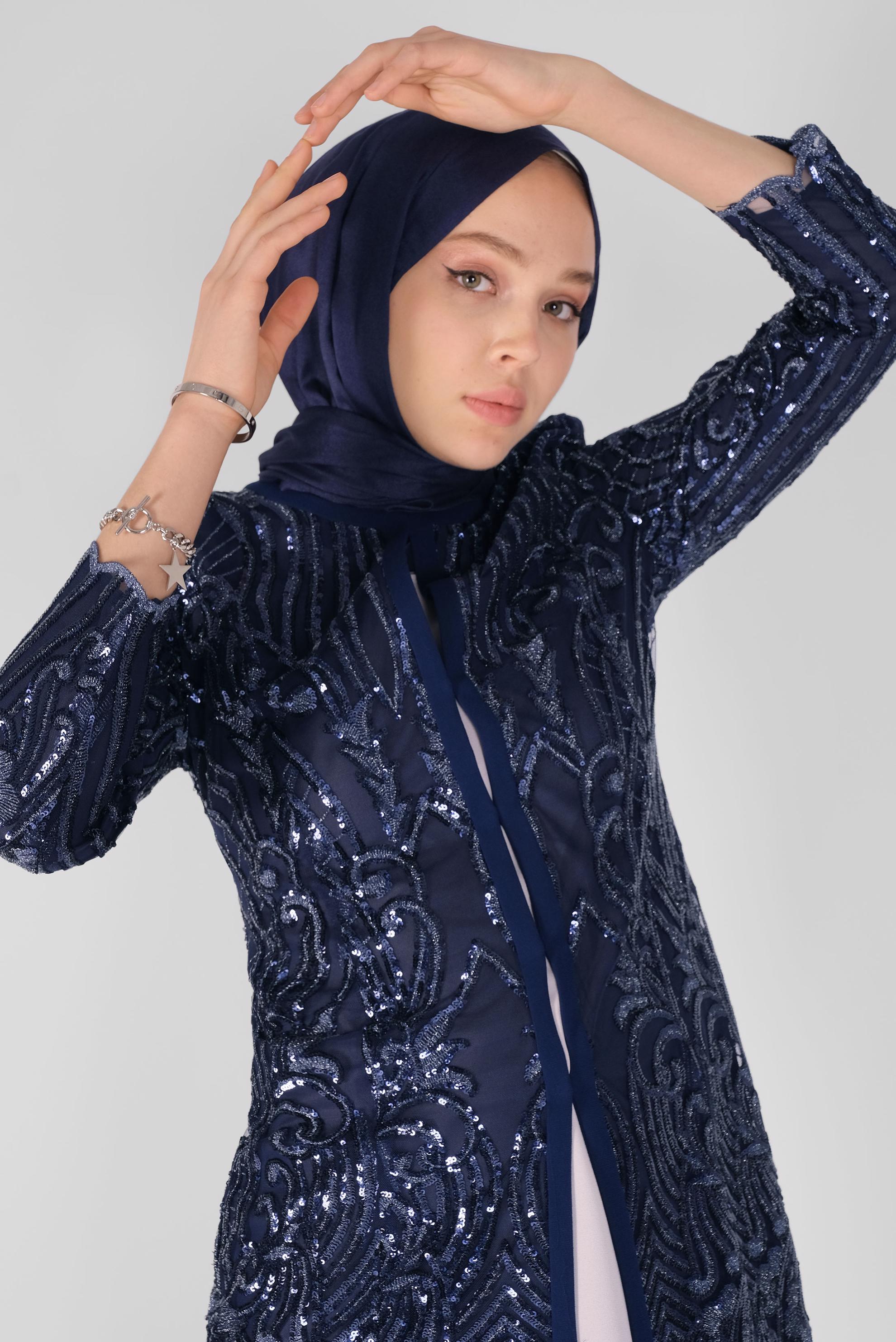 Tesettür giyim LACİVERT PULLU PAYETLİ ÜÇLÜ PANTOLONLU TAKIM 30100 