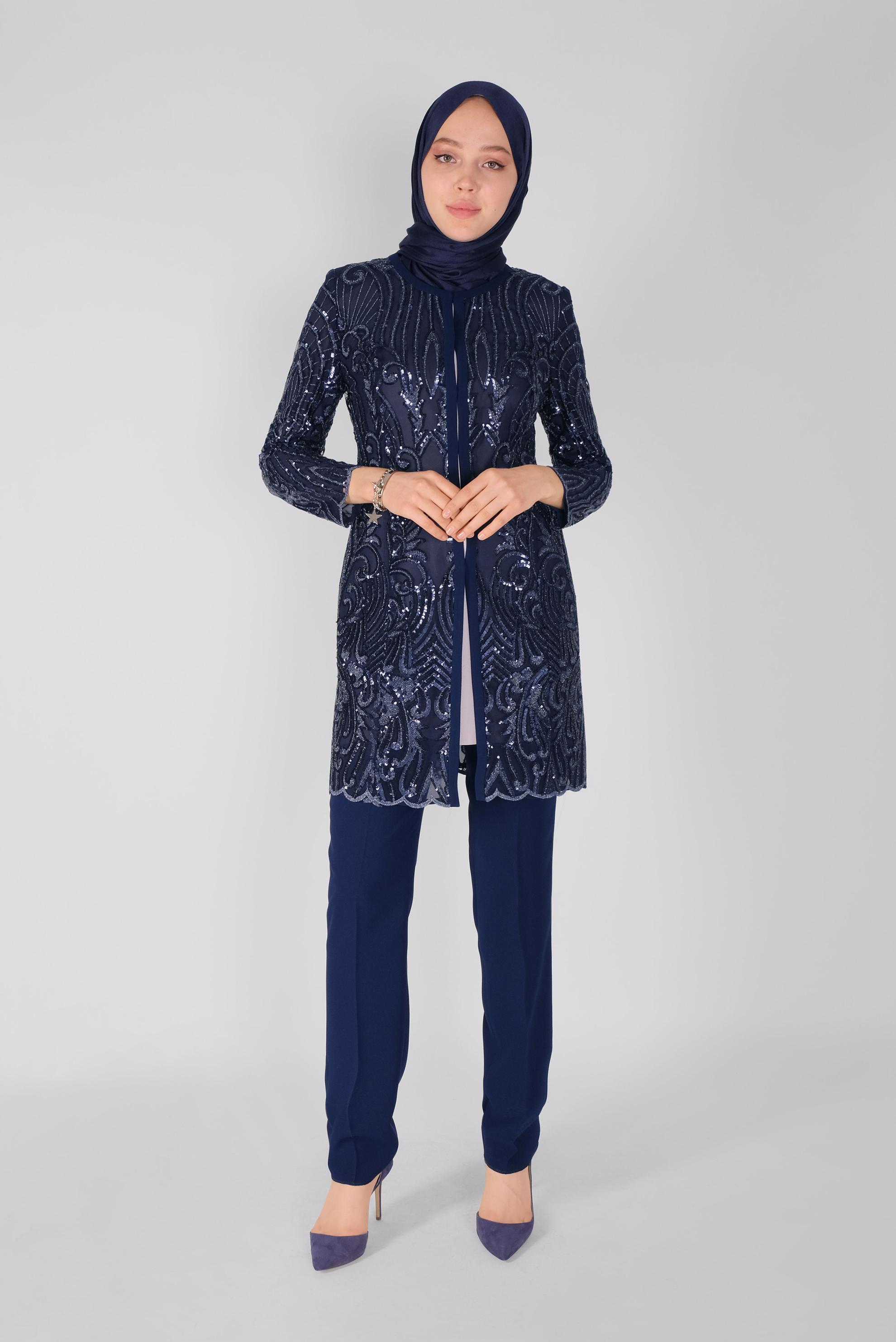Tesettür giyim LACİVERT PULLU PAYETLİ ÜÇLÜ PANTOLONLU TAKIM 30100 
