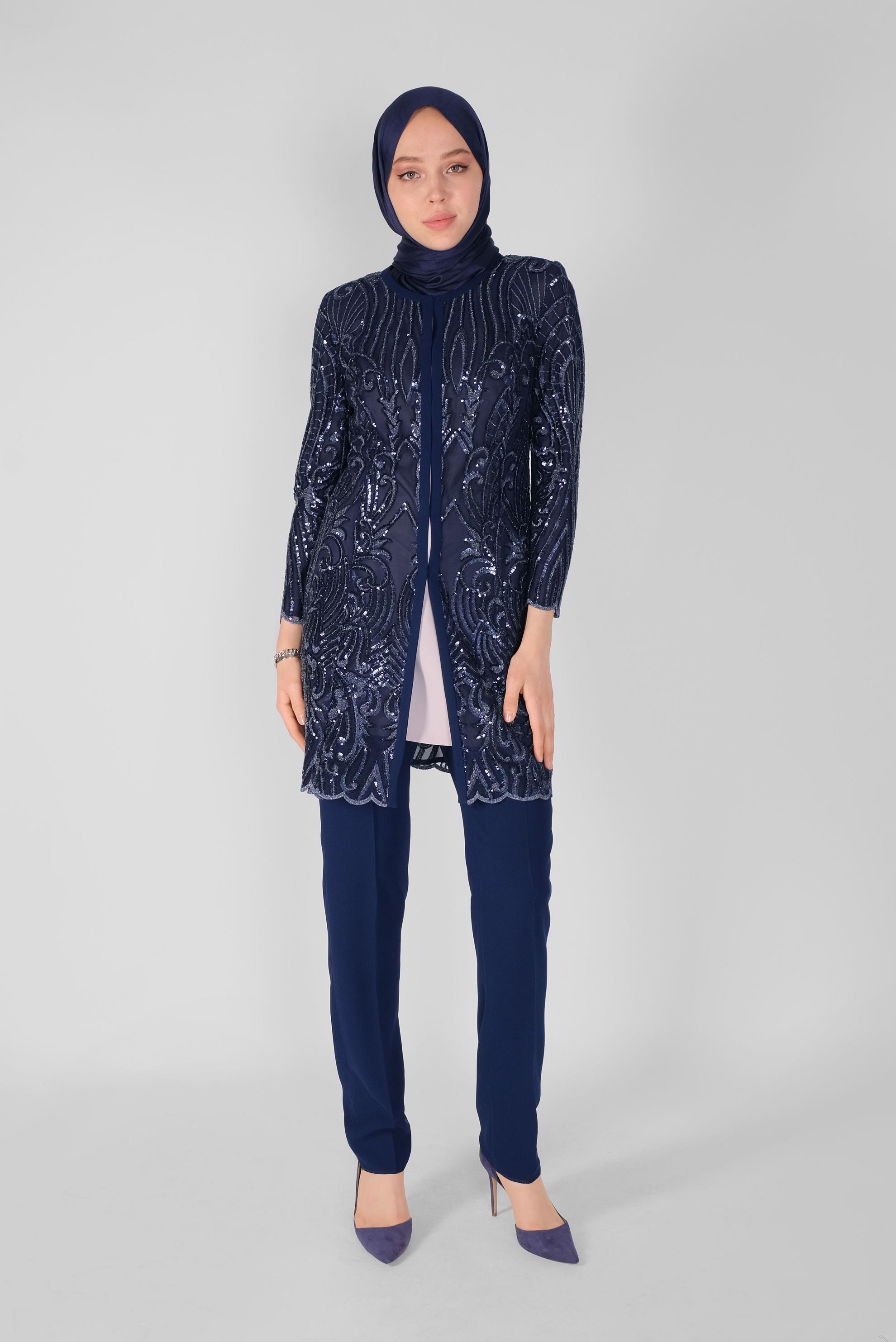 Tesettür giyim LACİVERT PULLU PAYETLİ ÜÇLÜ PANTOLONLU TAKIM 30100 