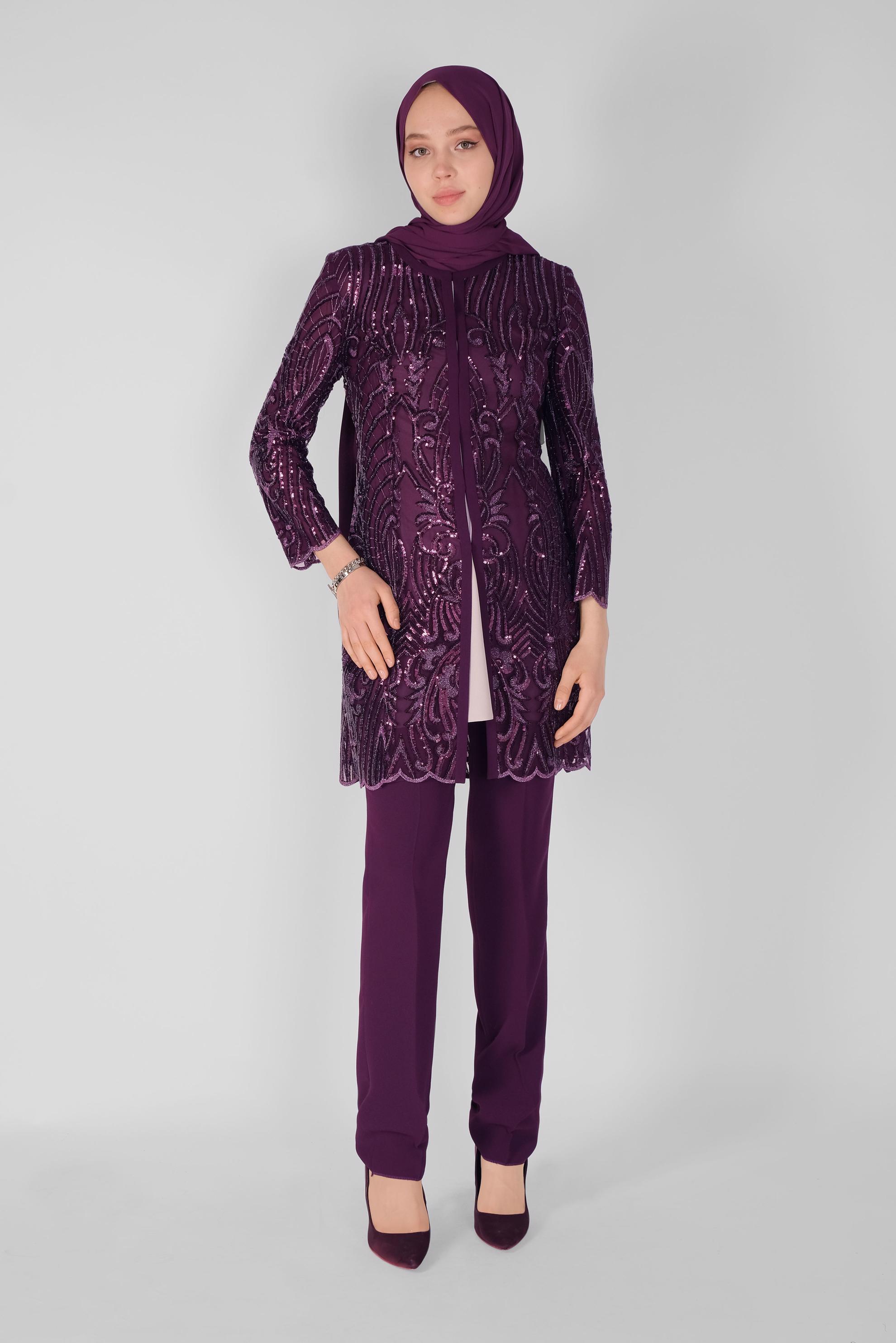 Tesettür giyim MÜRDÜM PULLU PAYETLİ ÜÇLÜ PANTOLONLU TAKIM 30100 