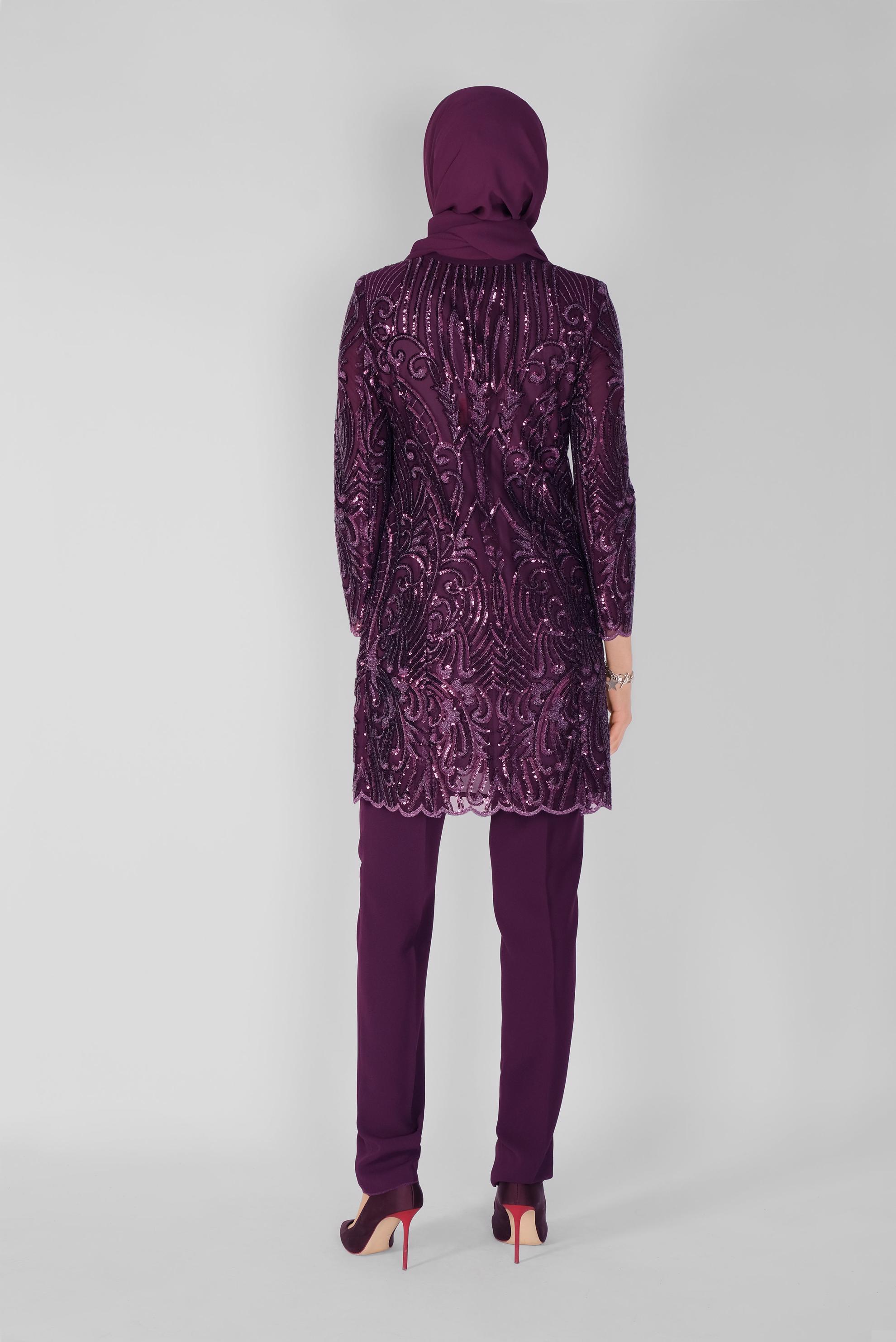 Tesettür giyim MÜRDÜM PULLU PAYETLİ ÜÇLÜ PANTOLONLU TAKIM 30100 