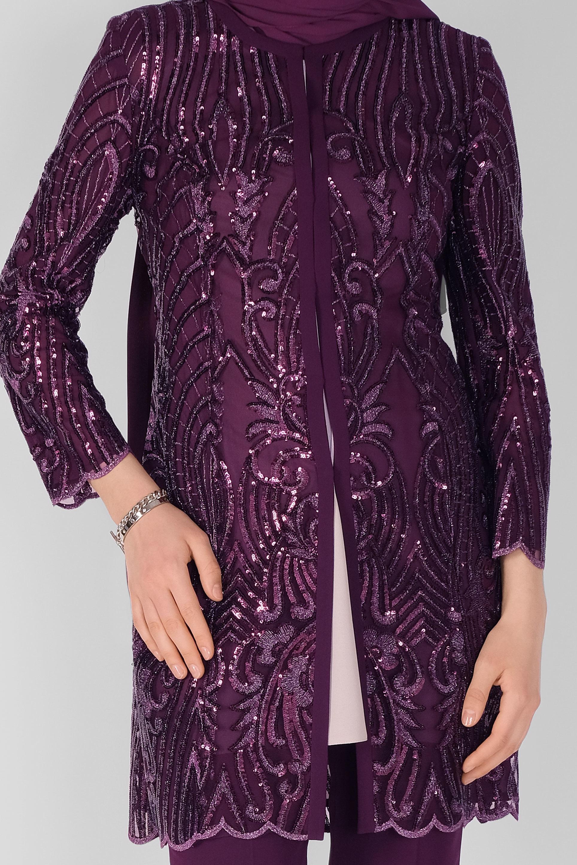 Tesettür giyim MÜRDÜM PULLU PAYETLİ ÜÇLÜ PANTOLONLU TAKIM 30100 